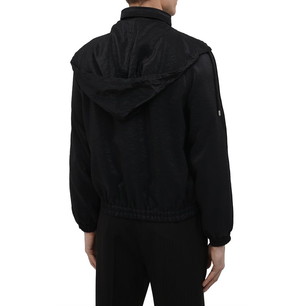 Veste bomber noire en polyamide de Saint Laurent, vue de face, avec détails de fermeture éclair et design élégant.