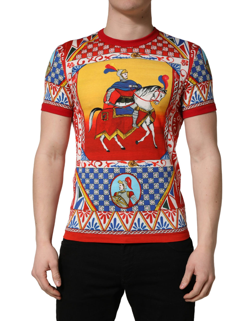 T-shirt à col rond Dolce & Gabbana, motif multicolore Carretto, en coton, imprimé artistique visible sur l'image.