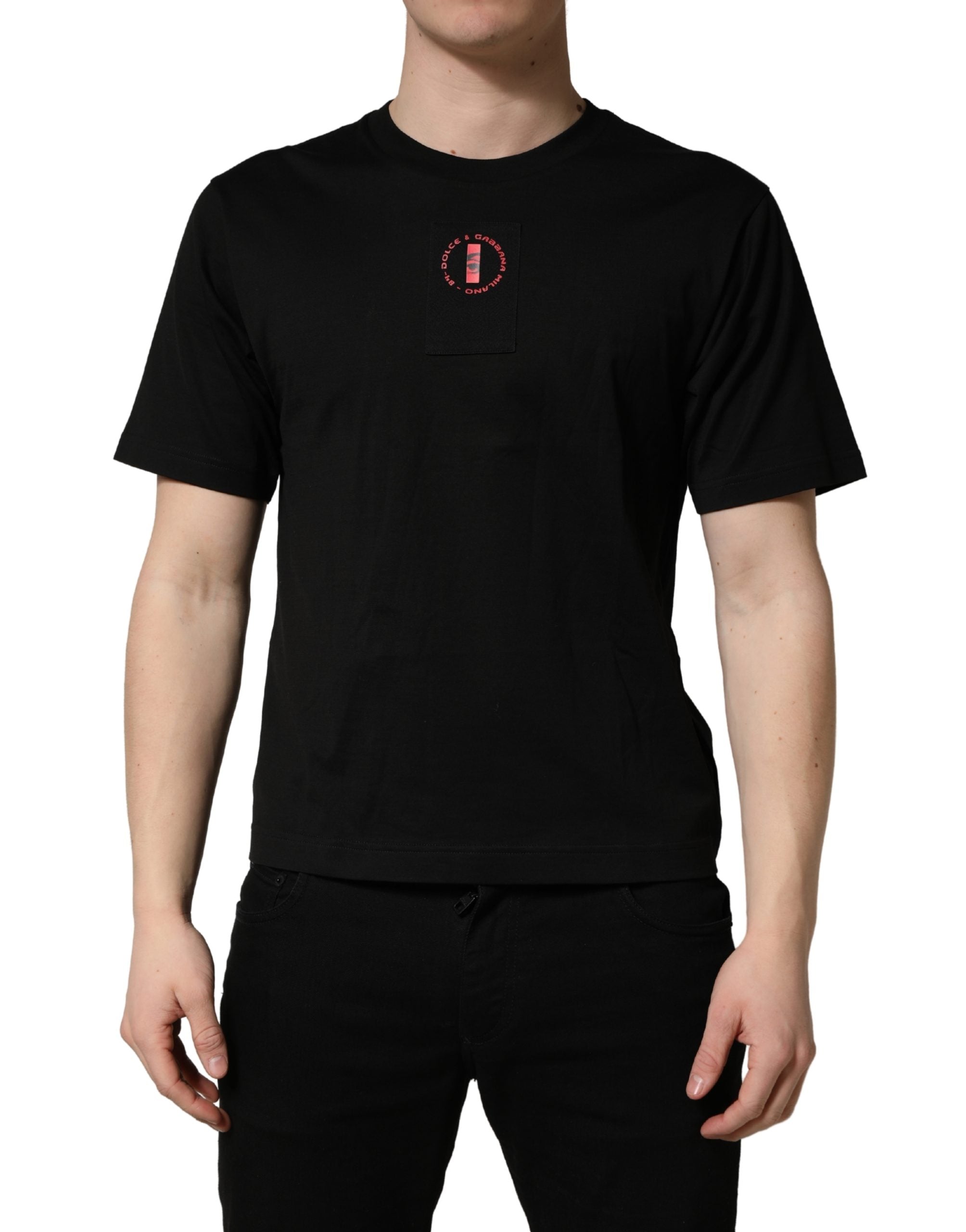 T-shirt noir en coton jersey Dolce & Gabbana avec logo et patch sur le col rond.