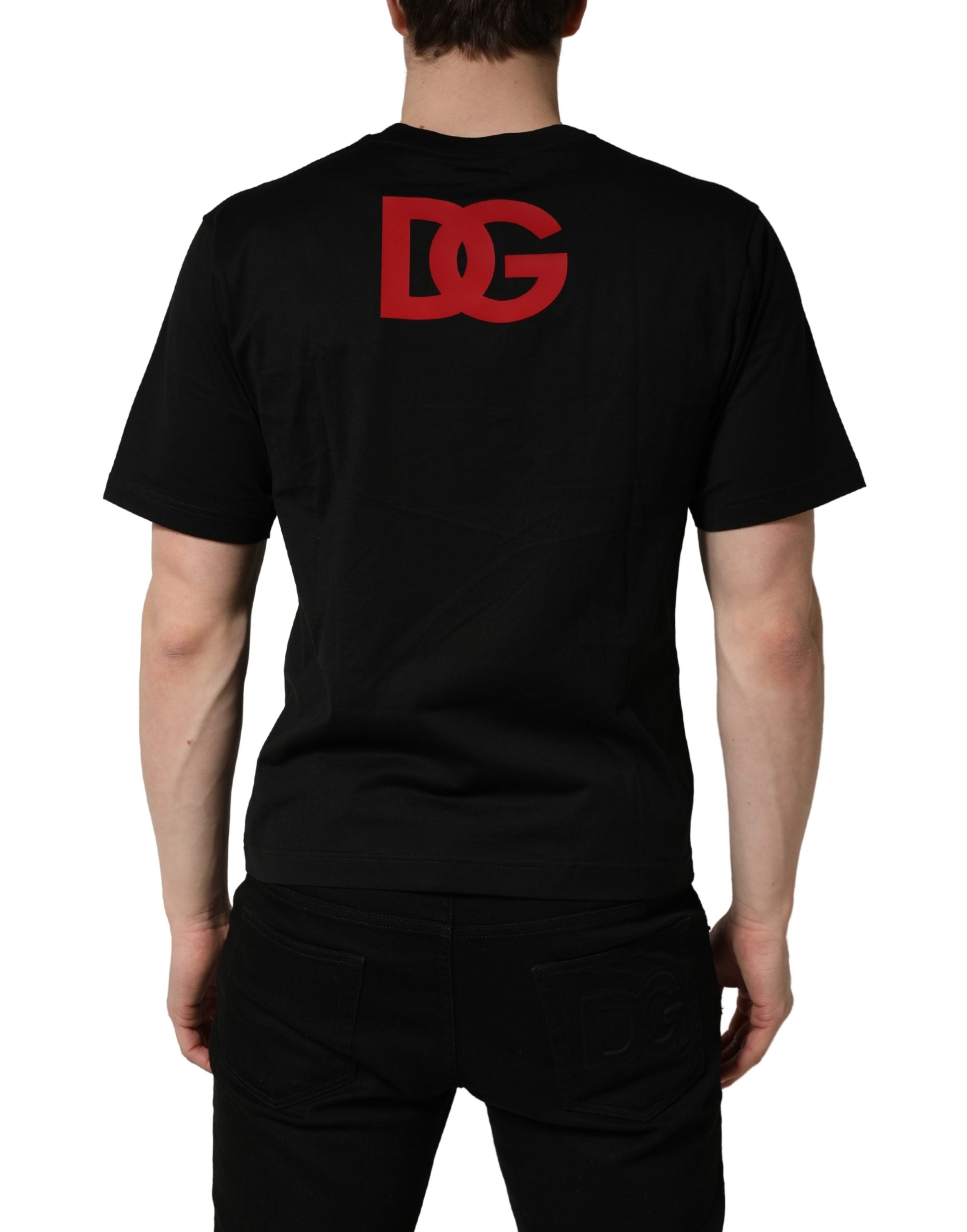T-shirt en jersey de coton noir Dolce & Gabbana avec logo et patch au col rond, style décontracté et élégant.