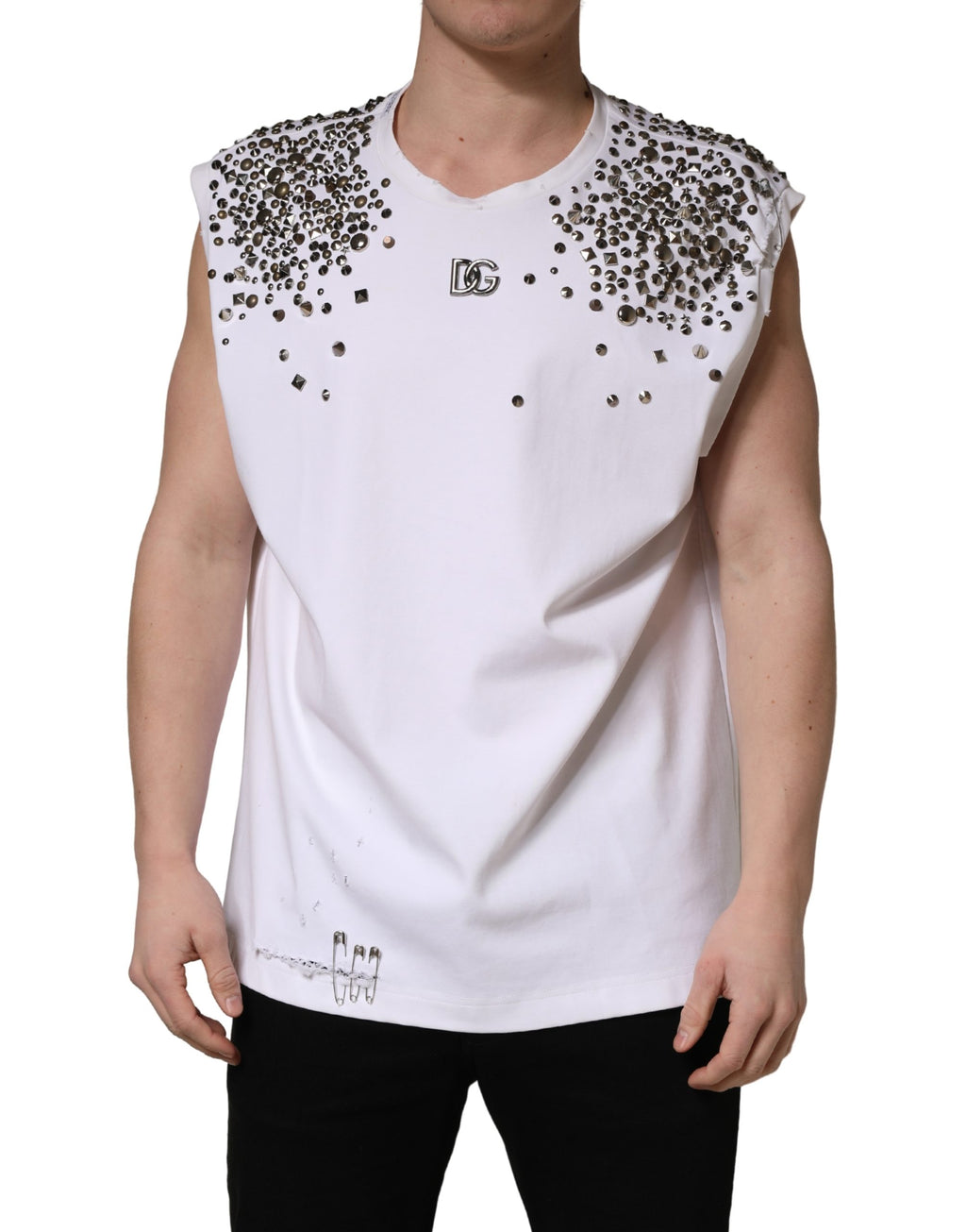 T-shirt sans manches blanche Dolce & Gabbana avec col rond et détails en strass rhinestones élégants.
