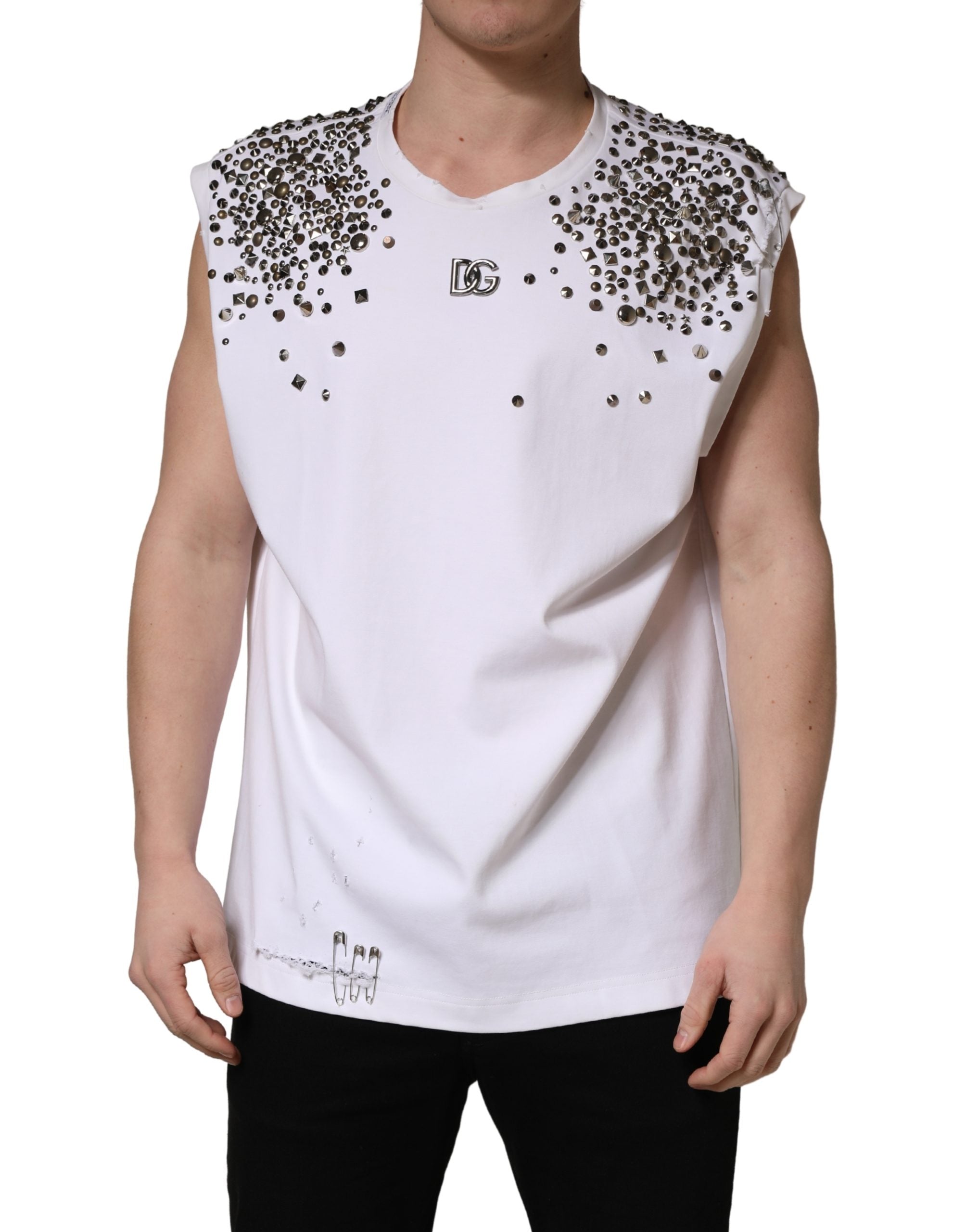 T-shirt sans manches blanche Dolce & Gabbana avec col rond et détails en strass rhinestones élégants.