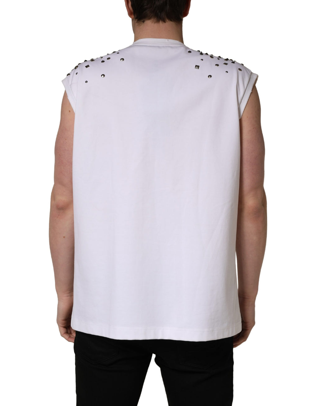 T-shirt sans manches Dolce & Gabbana blanche avec strass rond, col rond, style élégant et tendance, visible en gros plan.