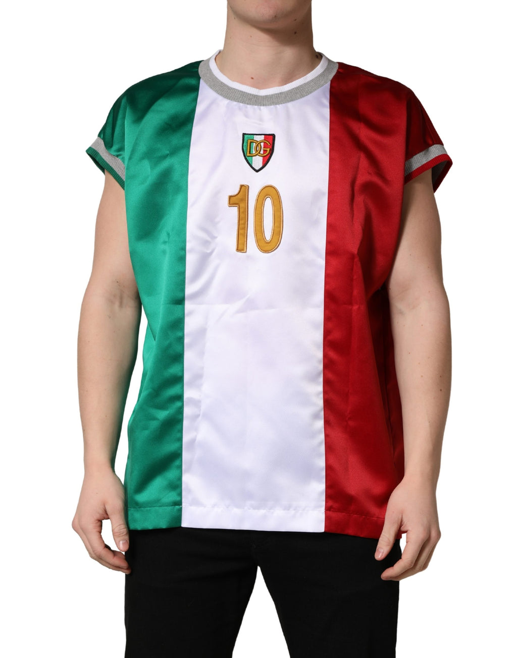 T-shirt à col rond Dolce & Gabbana multicolore avec logo italien DG, coton, mode masculine élégante.