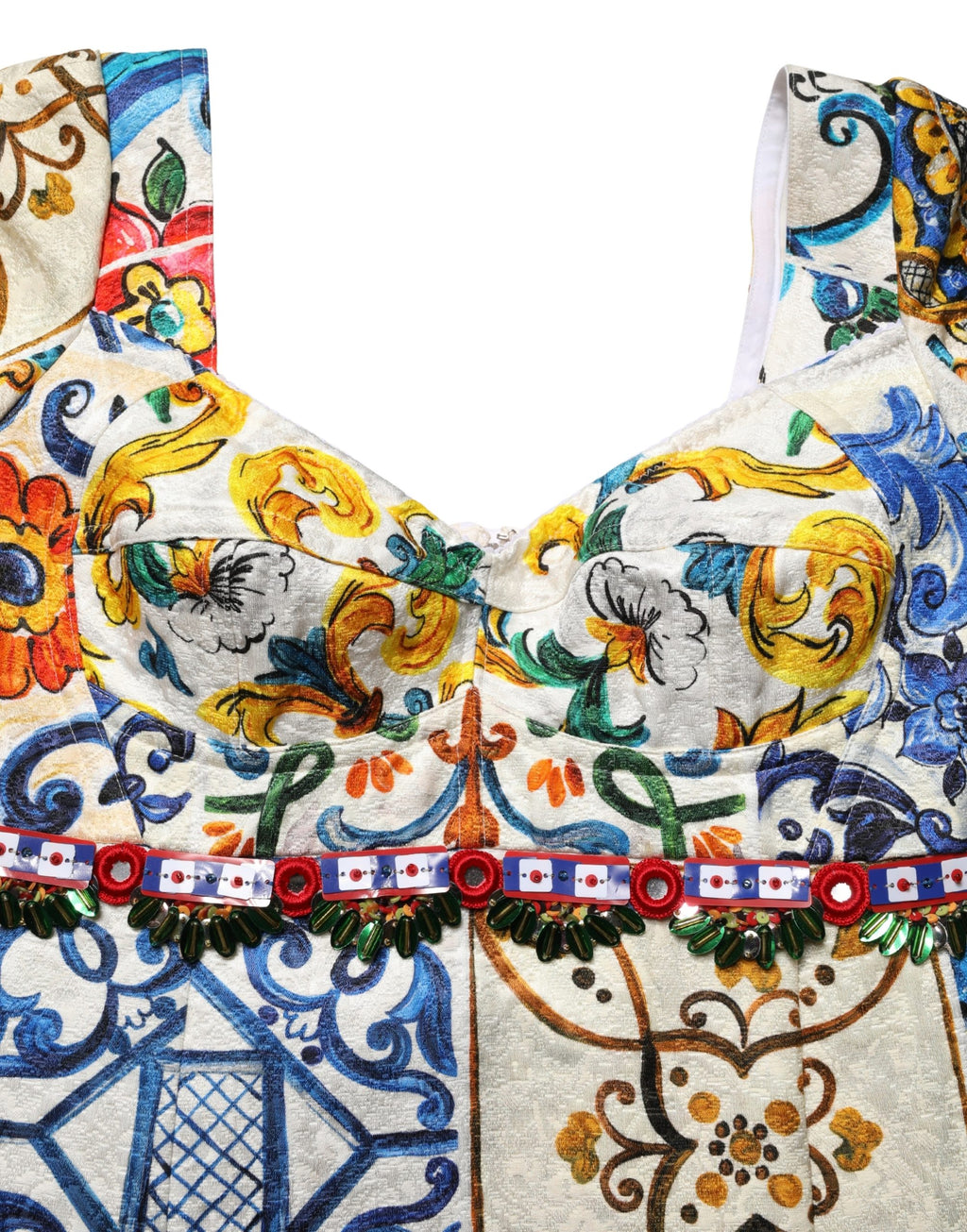 Robe courte en coton Dolce & Gabbana à imprimé multicolore Majolica, style élégant et coloré.