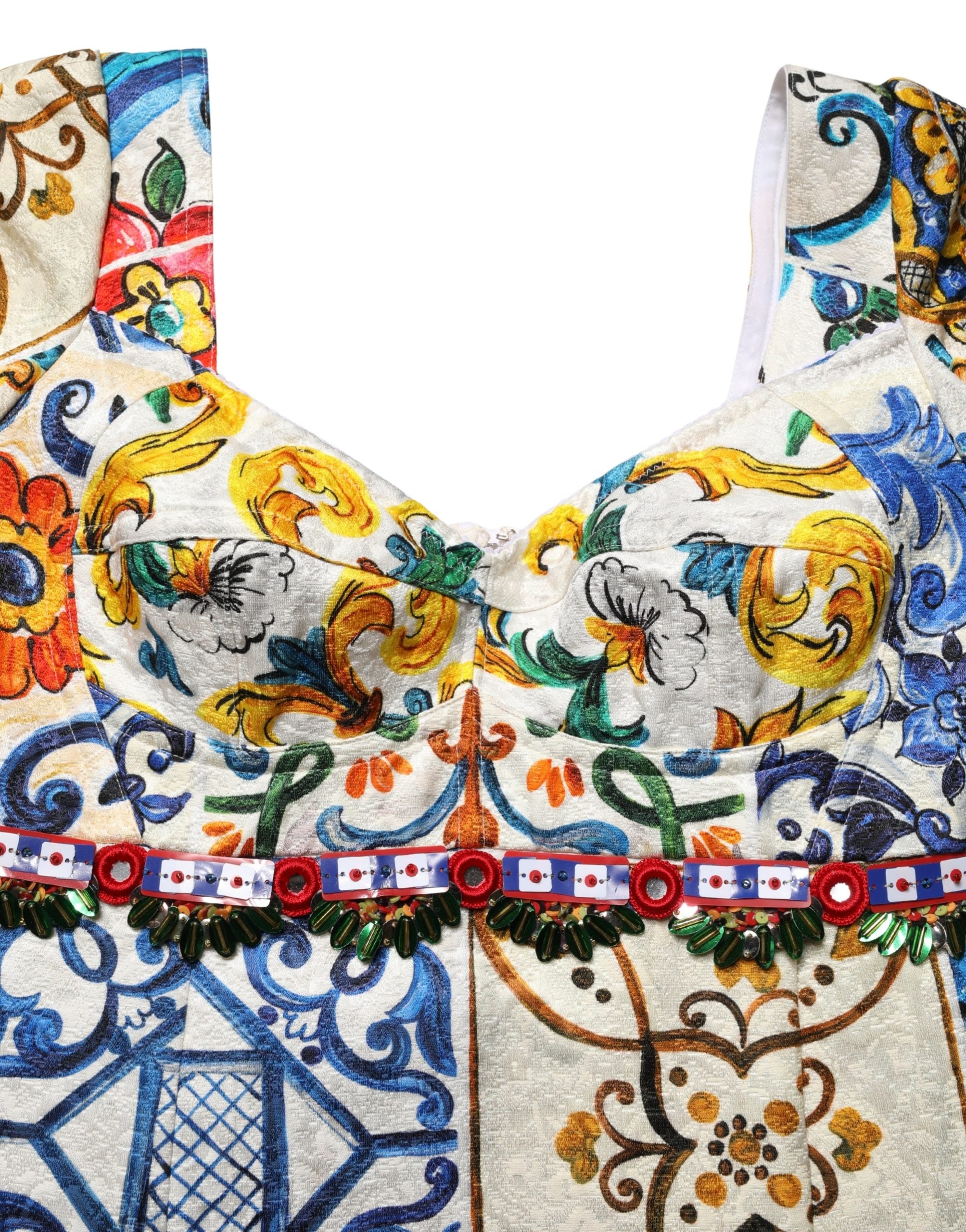Robe courte en coton Dolce & Gabbana à imprimé multicolore Majolica, style élégant et coloré.