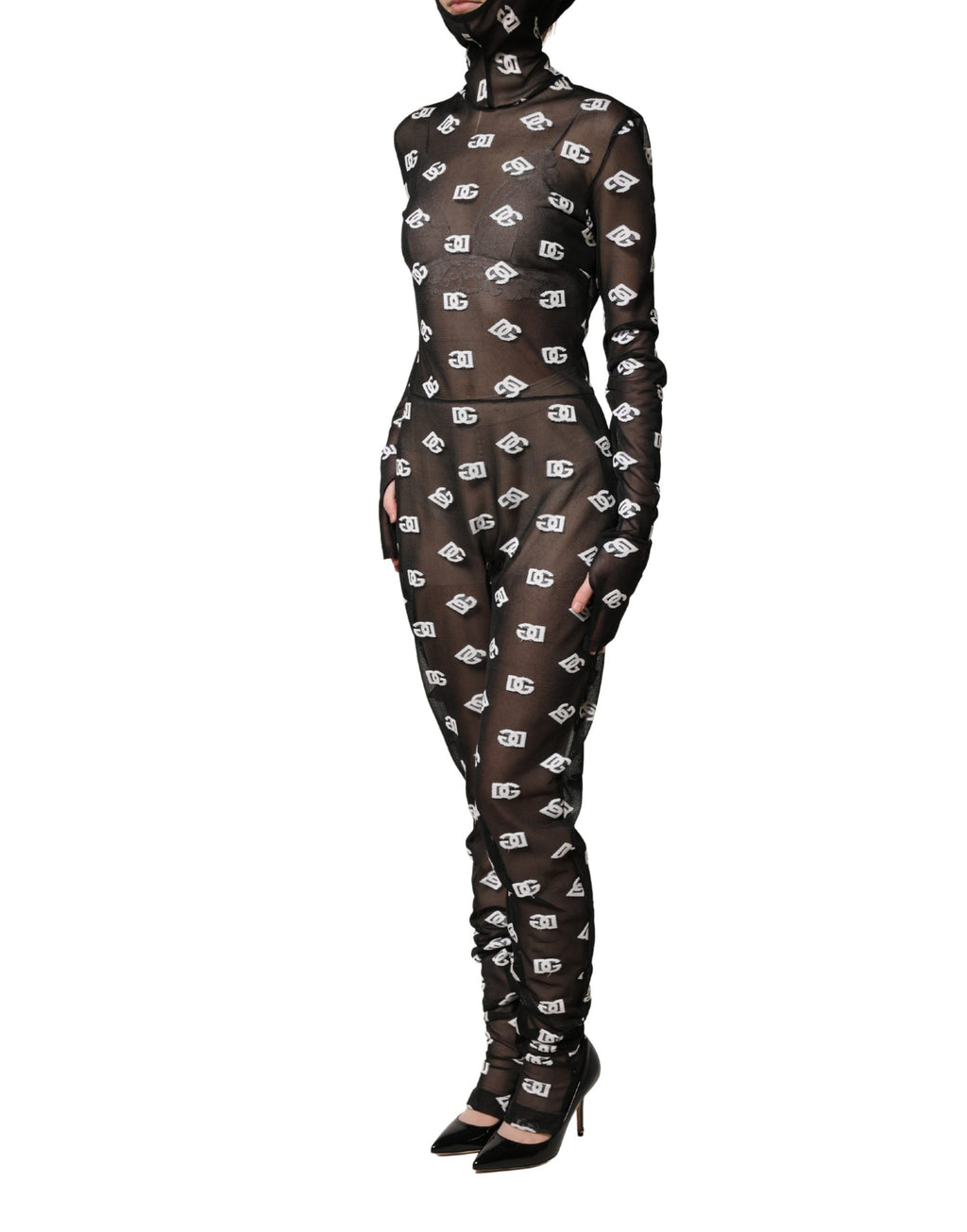 Combinaison à capuche Dolce & Gabbana noir et blanc avec logo imprimé, vêtement chic et décontracté pour femmes.