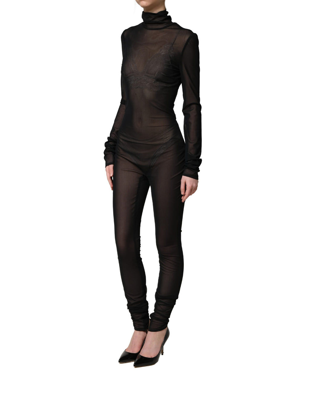 Combinaison turtleneck en nylon noir transparent de Dolce & Gabbana, élégante et ajustée, pour femme.
