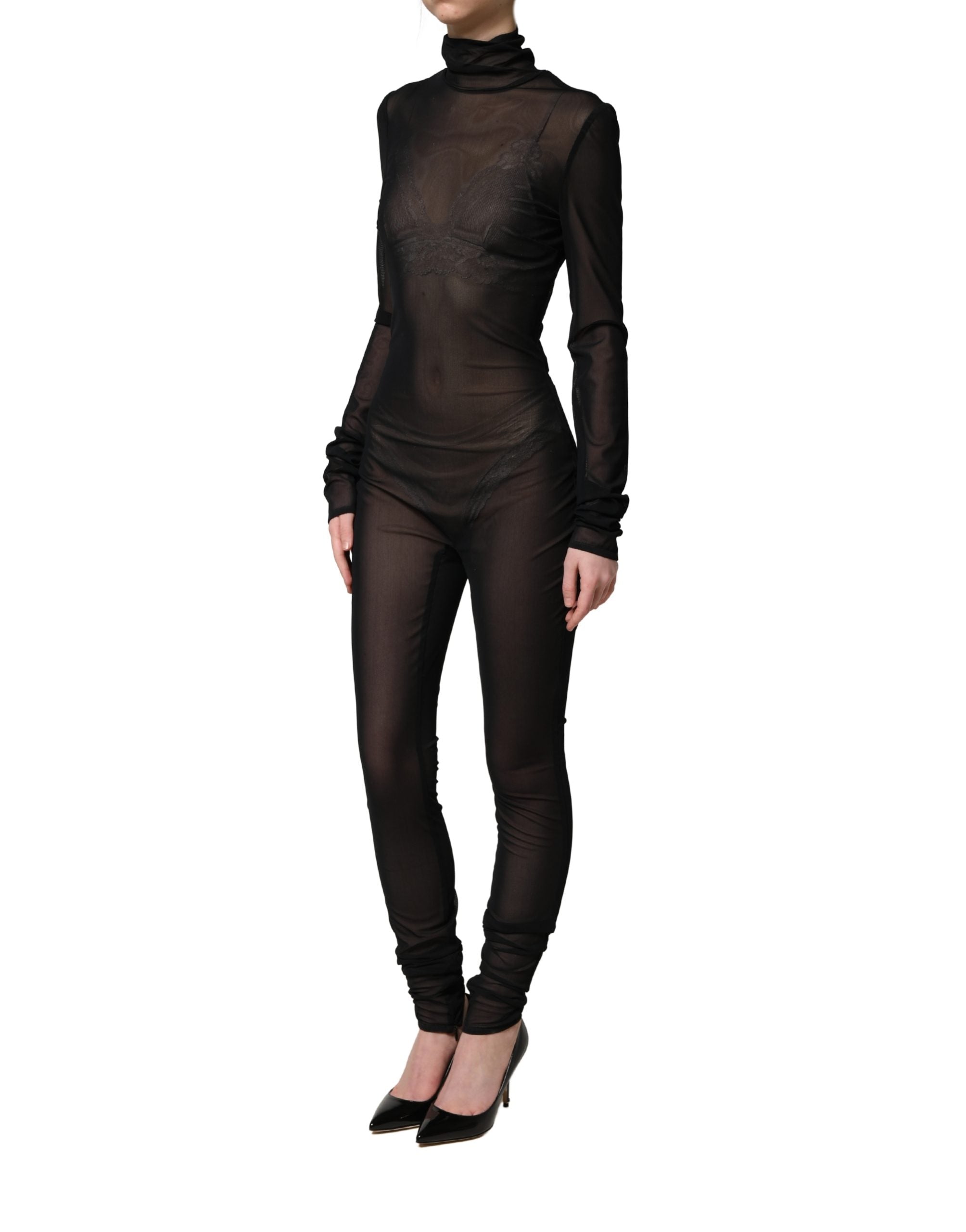Combinaison turtleneck en nylon noir transparent de Dolce & Gabbana, élégante et ajustée, pour femme.