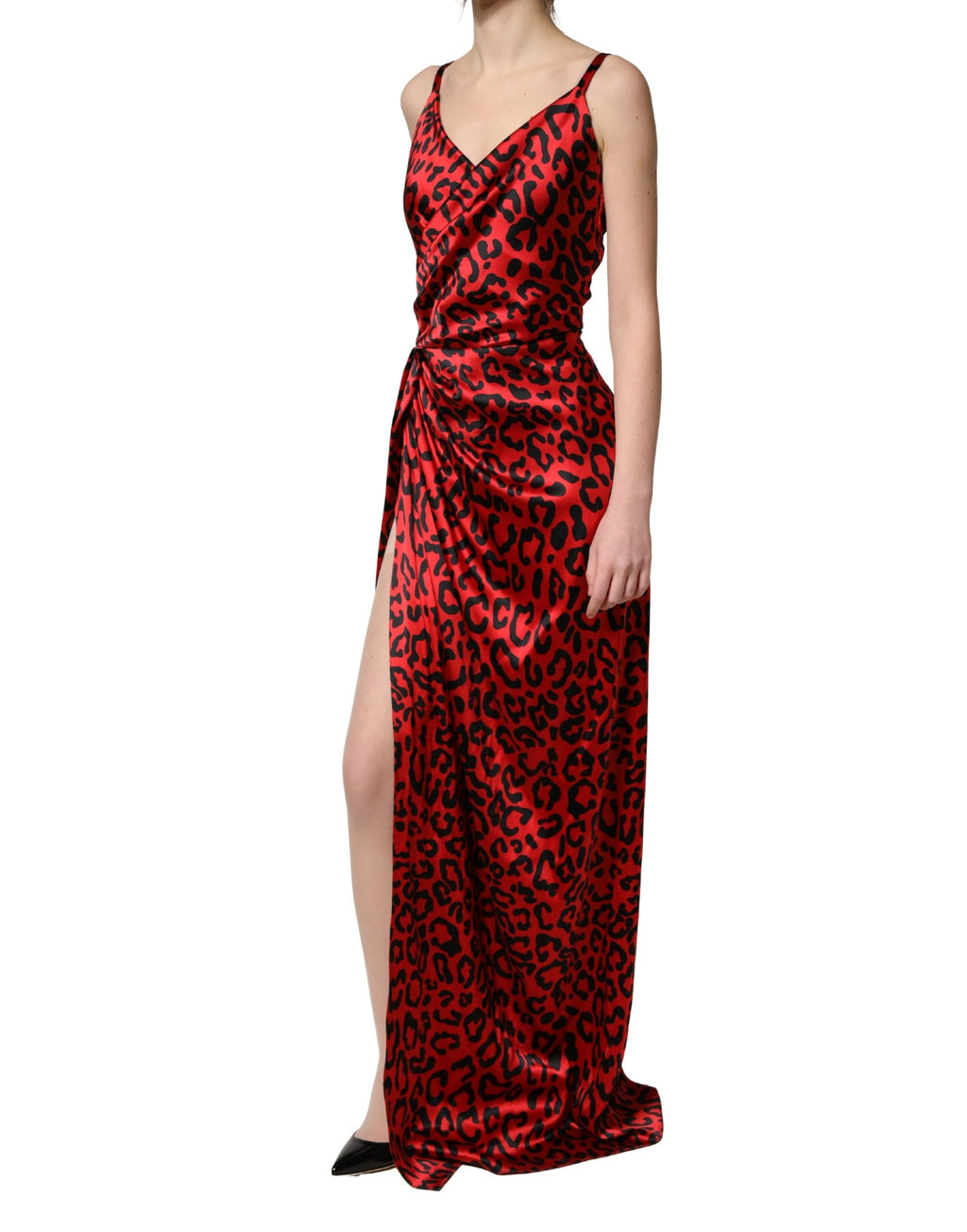 Robe longue en soie à fente latérale, imprimé léopard rouge, marque Dolce & Gabbana, vêtement élégant pour femmes.
