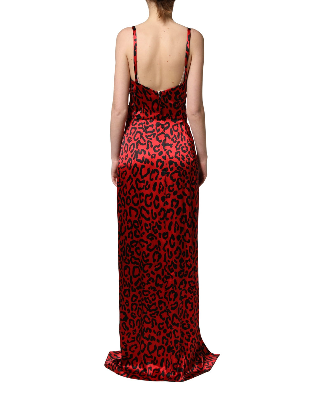 Robe longue en soie à fente côté avec motif léopard rouge de Dolce & Gabbana, élégante et sophistiquée.