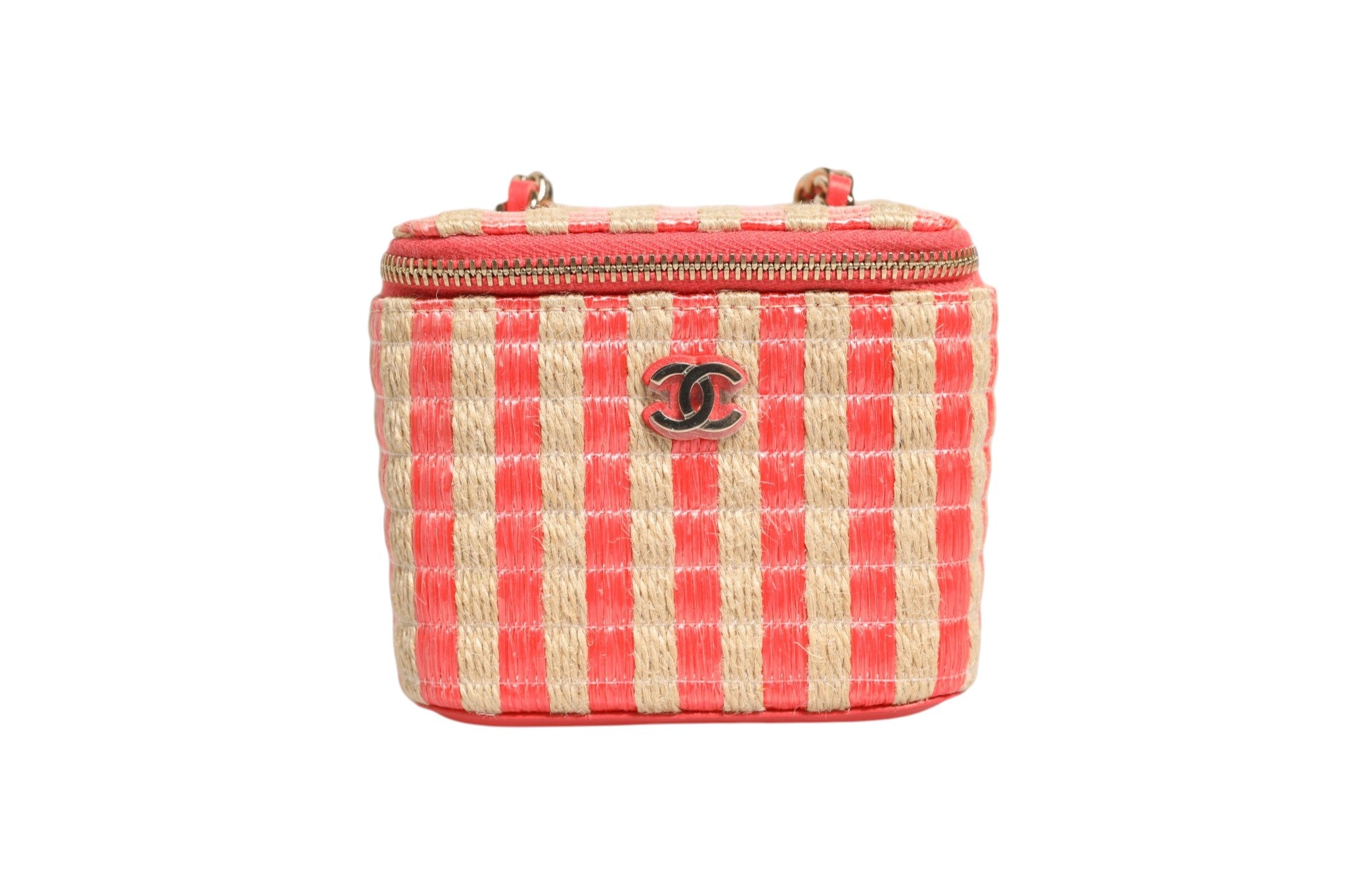 Mini vanity case Chanel en jute rayée en raffia, élégante pochette de maquillage compacte avec rayures noires et naturelles.