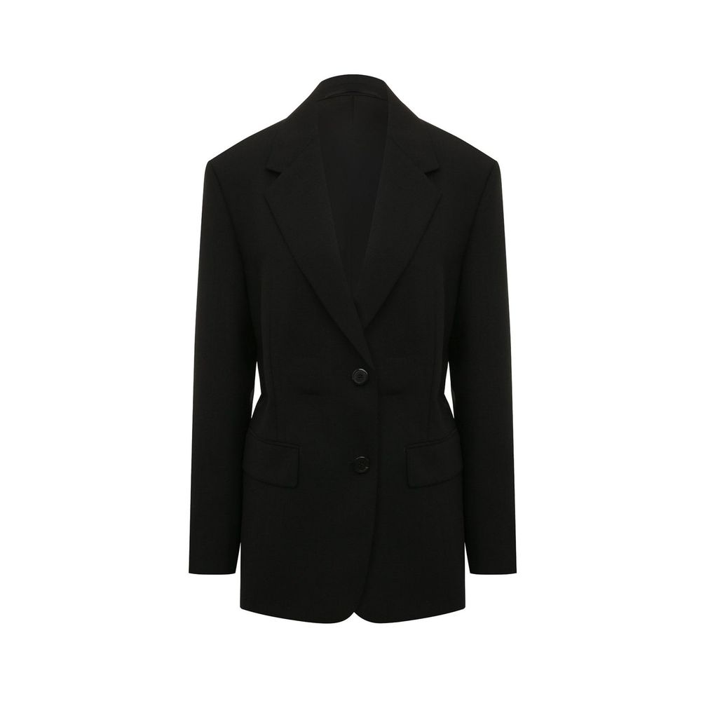 Veste Prada en laine noire pour homme, coupe ajustée, avec revers classiques et boutons, vue de face.