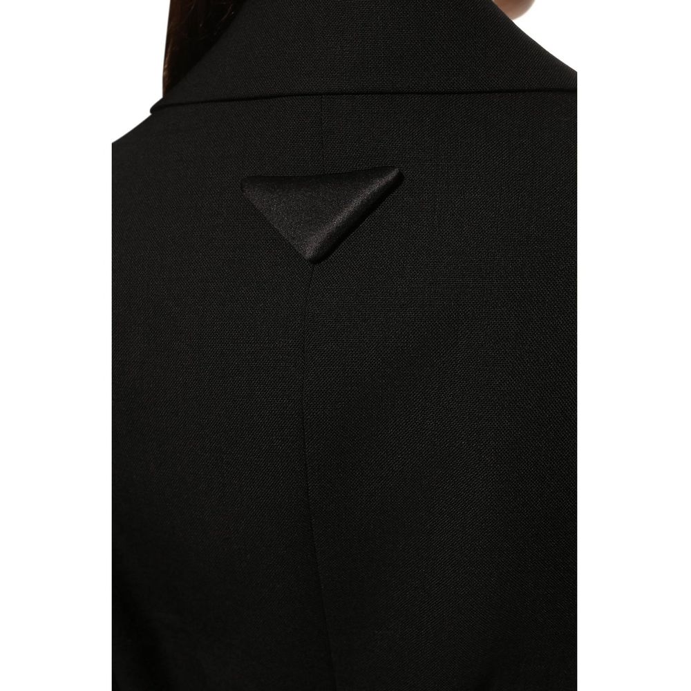 Veste en laine noire Prada pour homme, blazer élégant avec col-cravate et poches latérales, portée décontractée ou formelle.