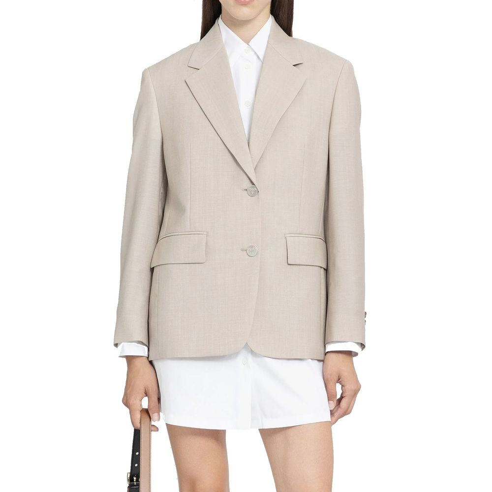 Veste Prada beige en mohair, blazer élégant avec col classique et manches longues, vue de face.