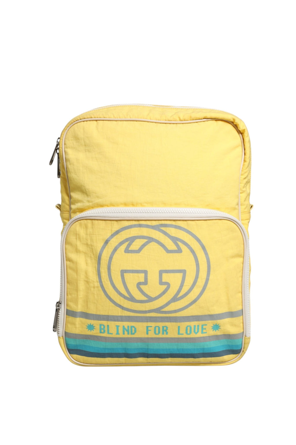 Sac à dos en nylon jaune Gucci Blind For Love avec logo Gucci visible, style élégant et moderne.