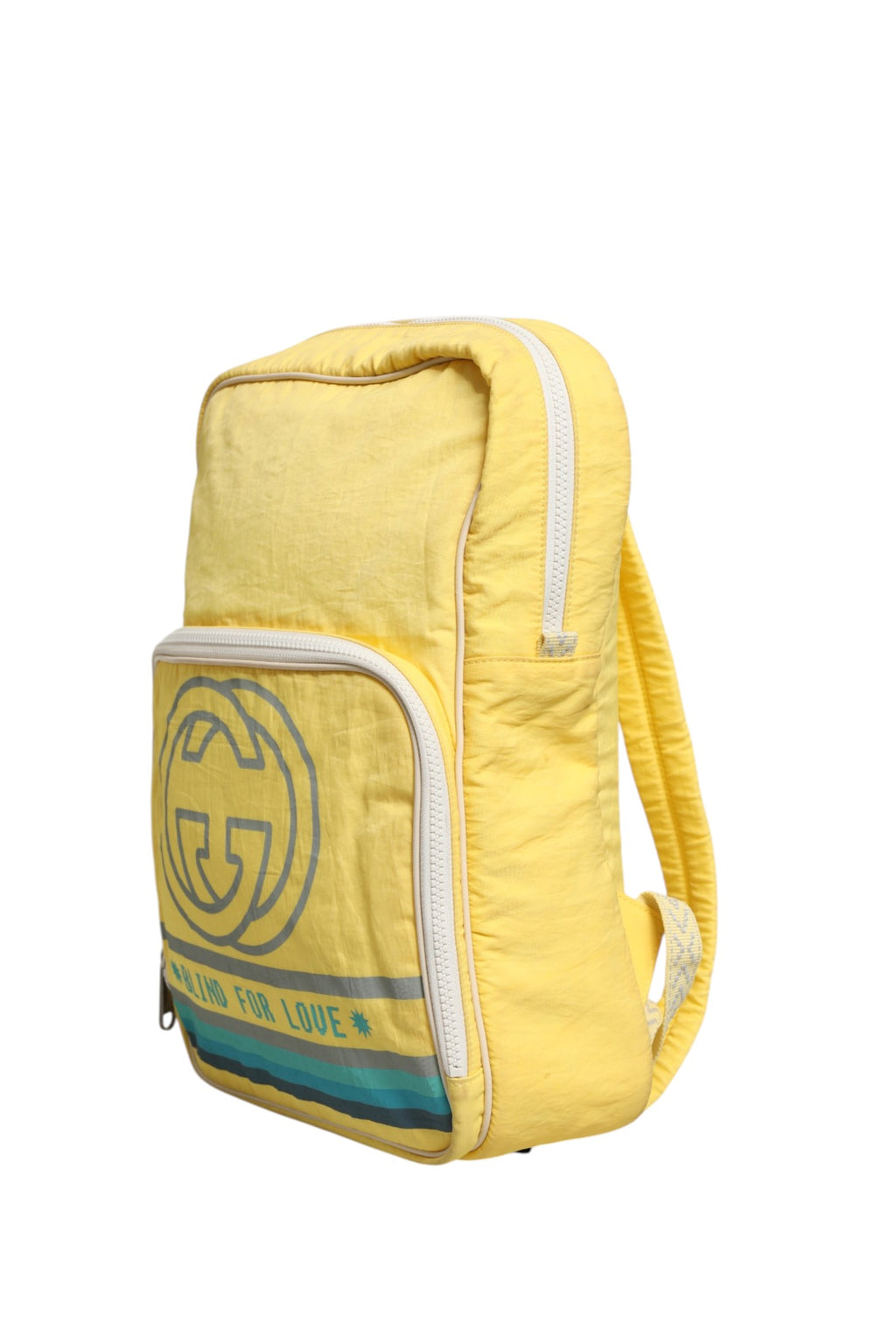 Sac à dos en nylon jaune Gucci Blind For Love avec logo et design élégant, idéal pour un style tendance et pratique.