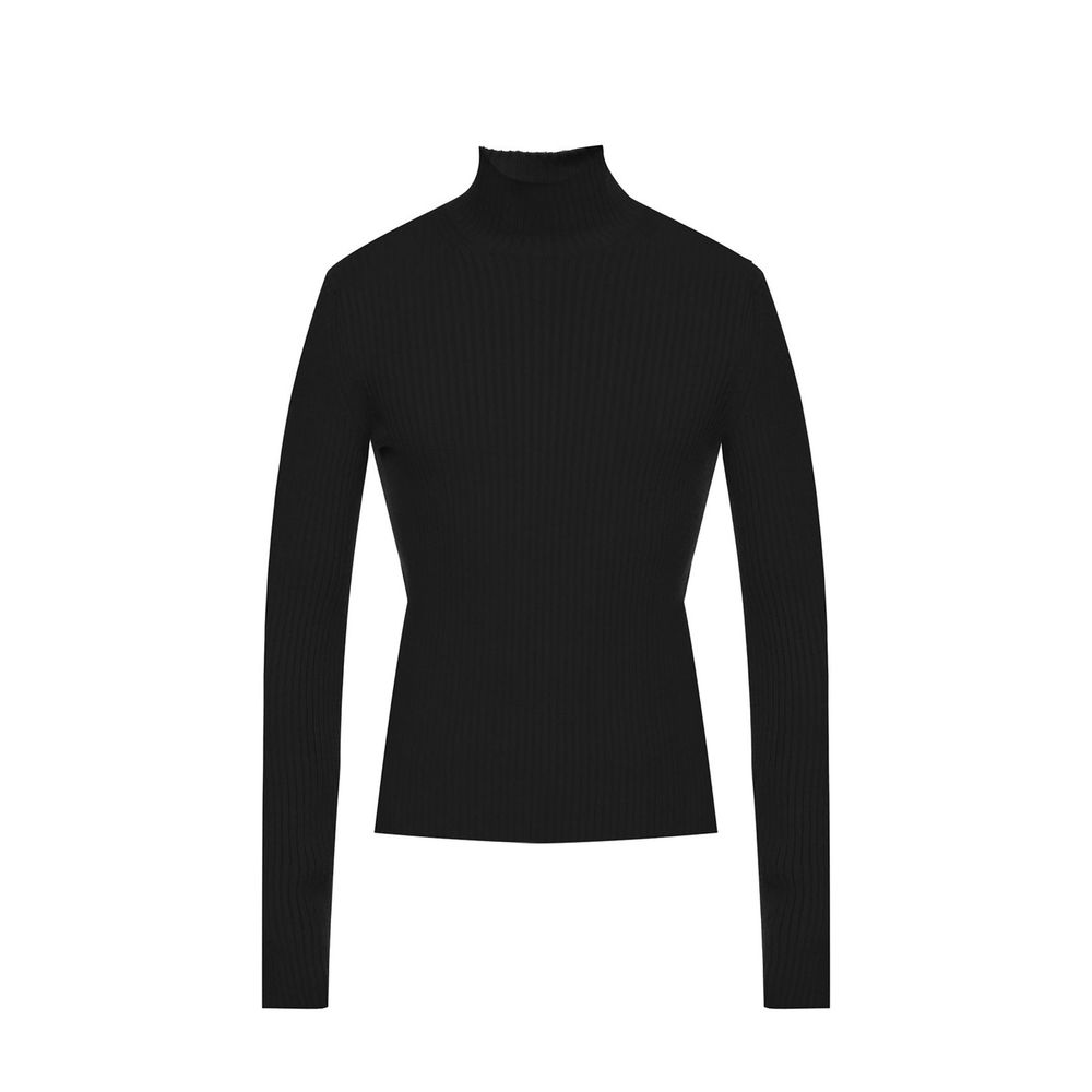 Pull en cachemire noir Balenciaga avec col roulé, doux et élégant, porté sur un mannequin.