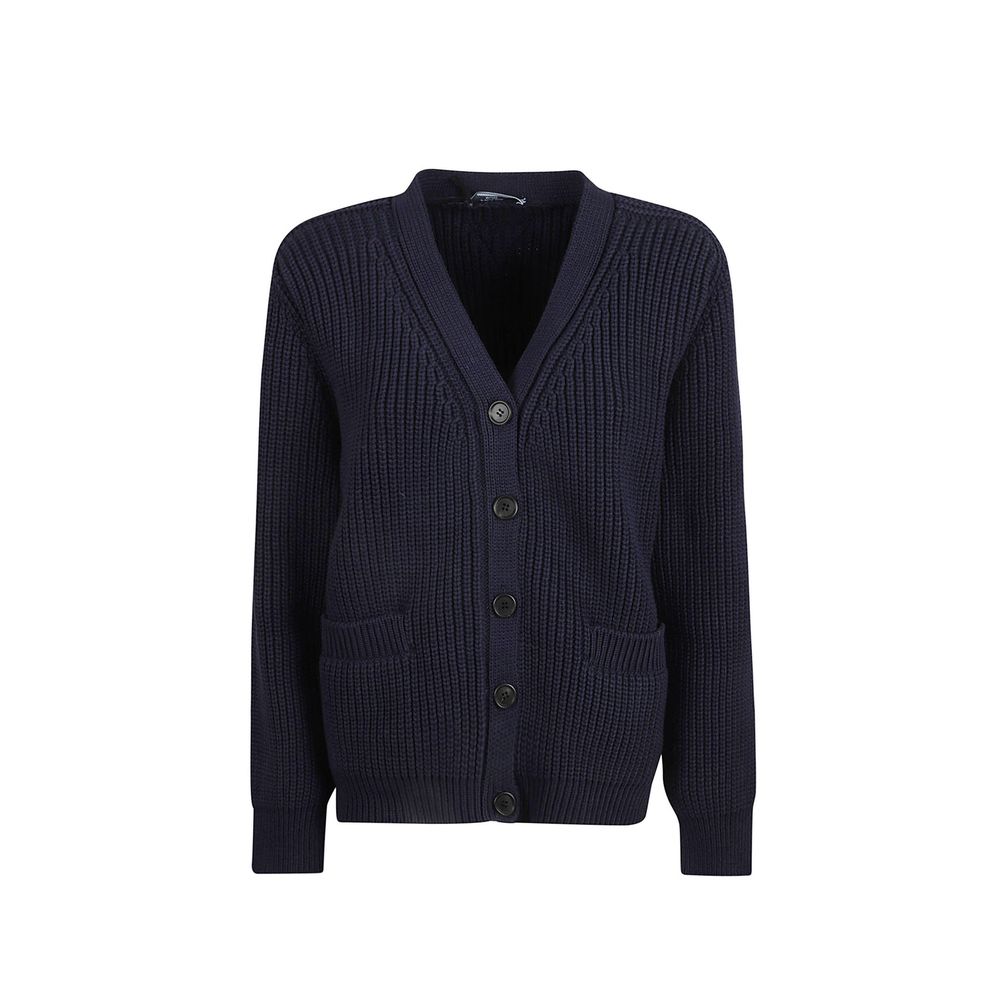 Cardigan en coton bleu Prada pour homme, détails élégants et texture douce visible sur l'image.