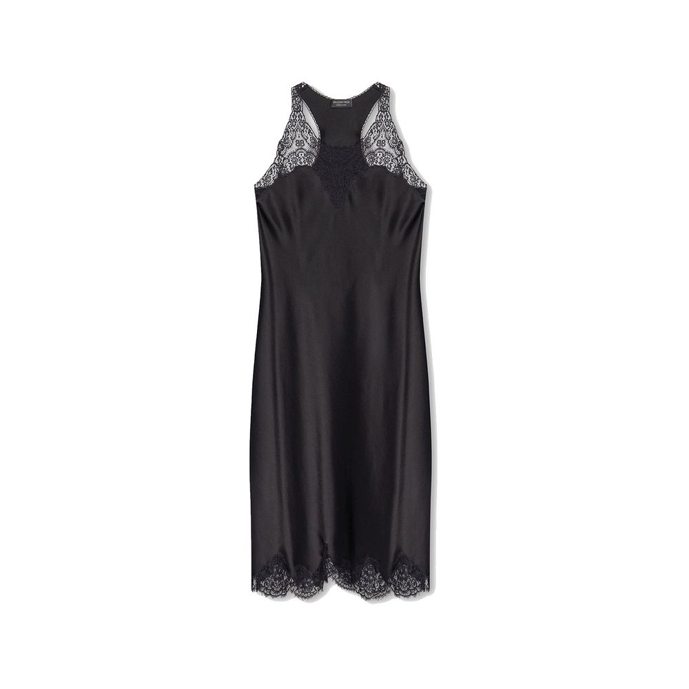 Robe décontractée noire en acétate de la marque Balenciaga, vue en gros plan, tissu fluide et style élégant.