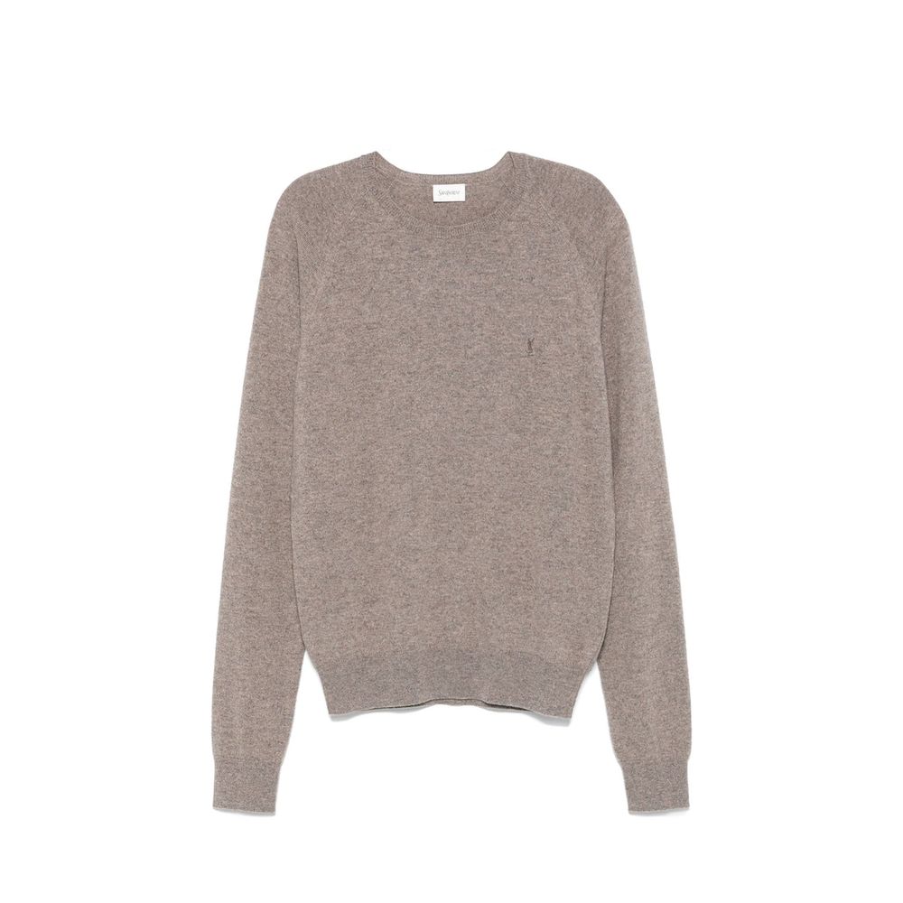 Pull en cachemire marron Saint Laurent, doux et élégant, avec col rond et finition soignée visible sur cette image.