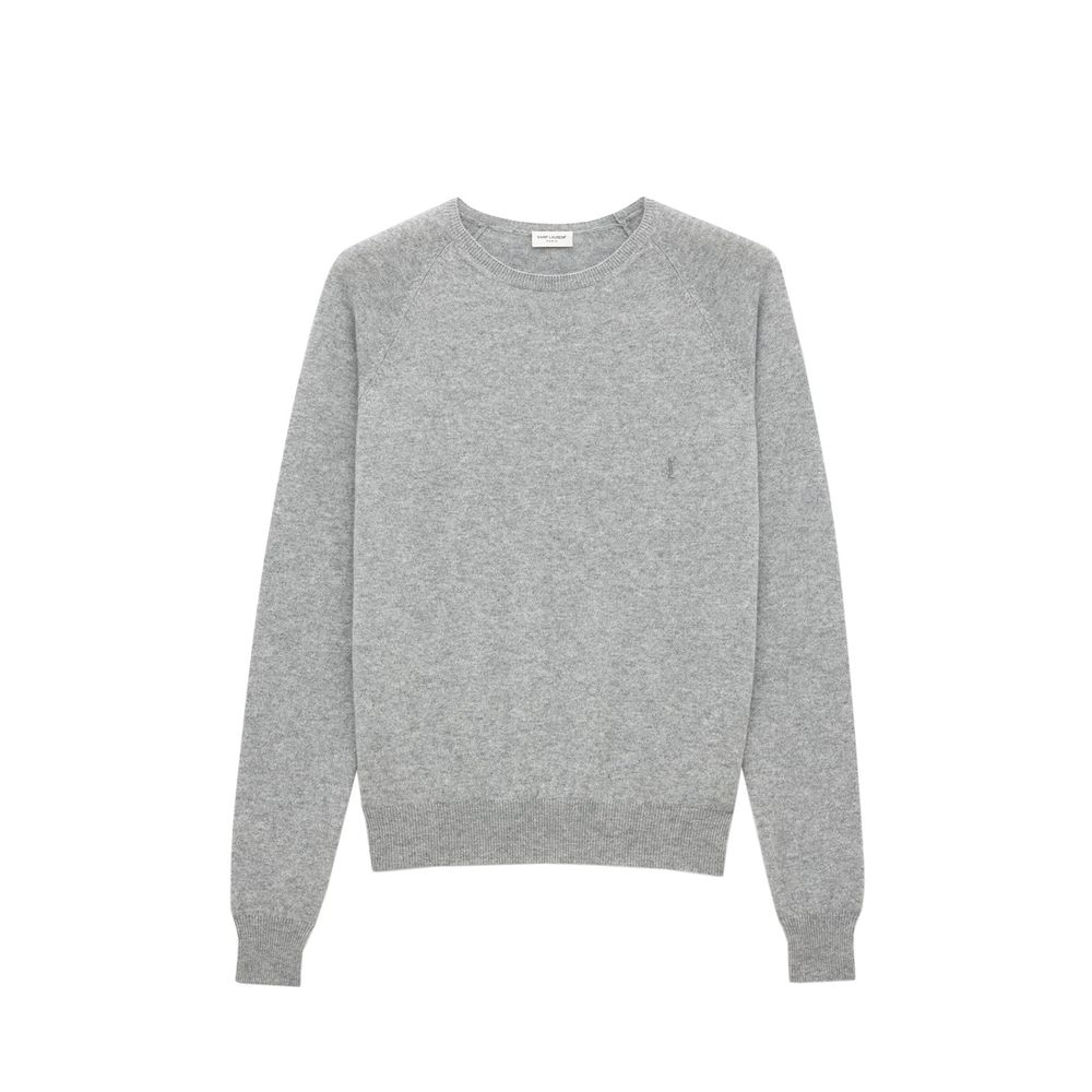 Pull en cachemire gris de Saint Laurent, douceur élégante avec col rond et manches longues, parfait pour un style chic et confortable.