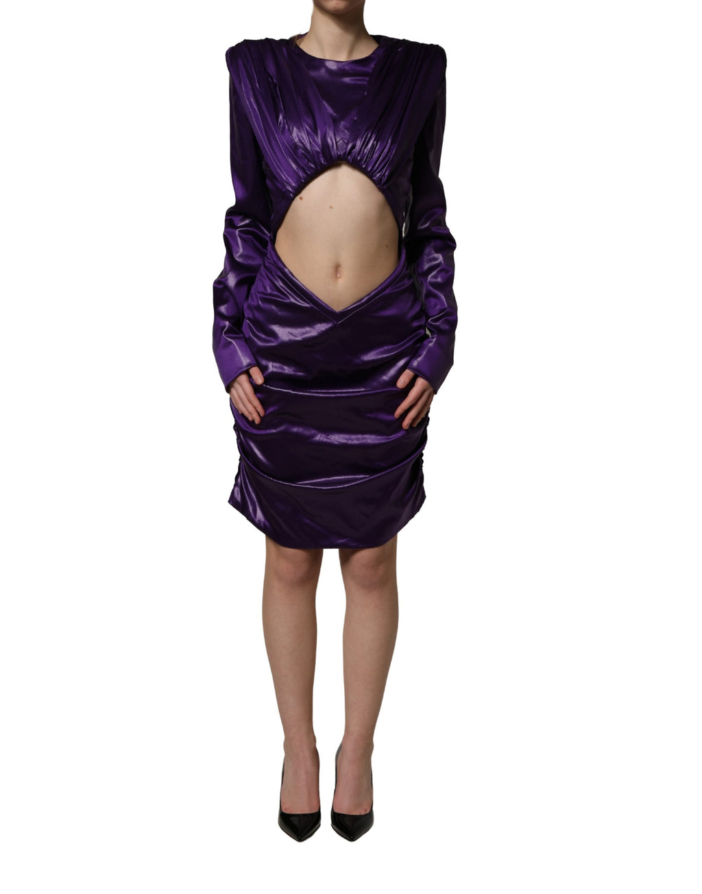 Robe courte en métal violette à manches longues et découpes, Dolce & Gabbana, élégante et sophistiquée.