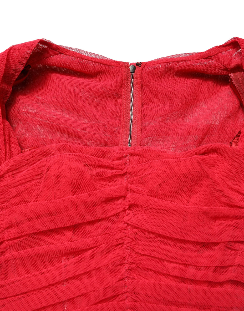 Robe midi rouge en coton stretch et tulle plissé de Dolce & Gabbana, avec détails froncés et élégants.