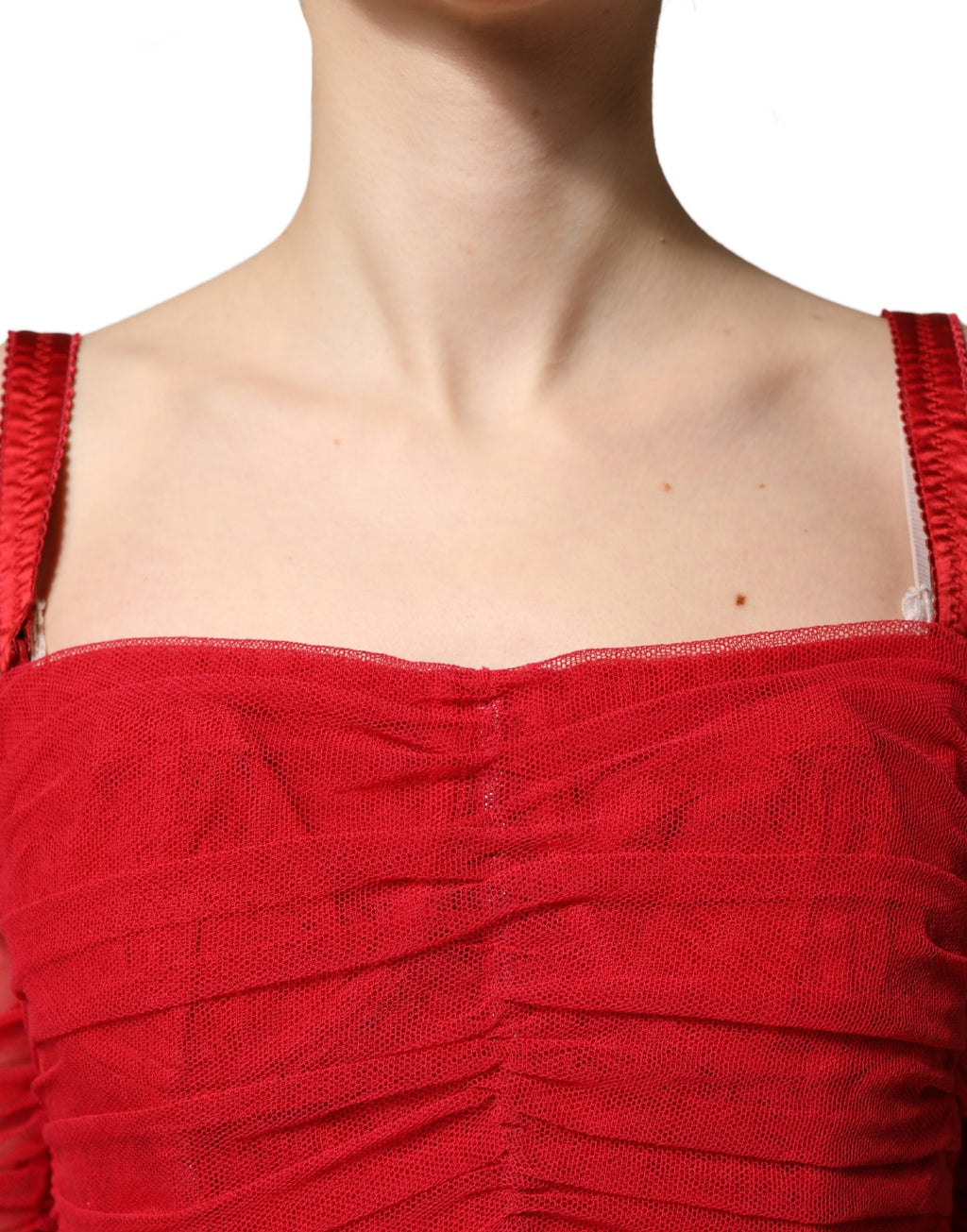 Robe midi en tulle rouge en coton stretch de Dolce & Gabbana avec fronces élégantes et design sophistiqué.