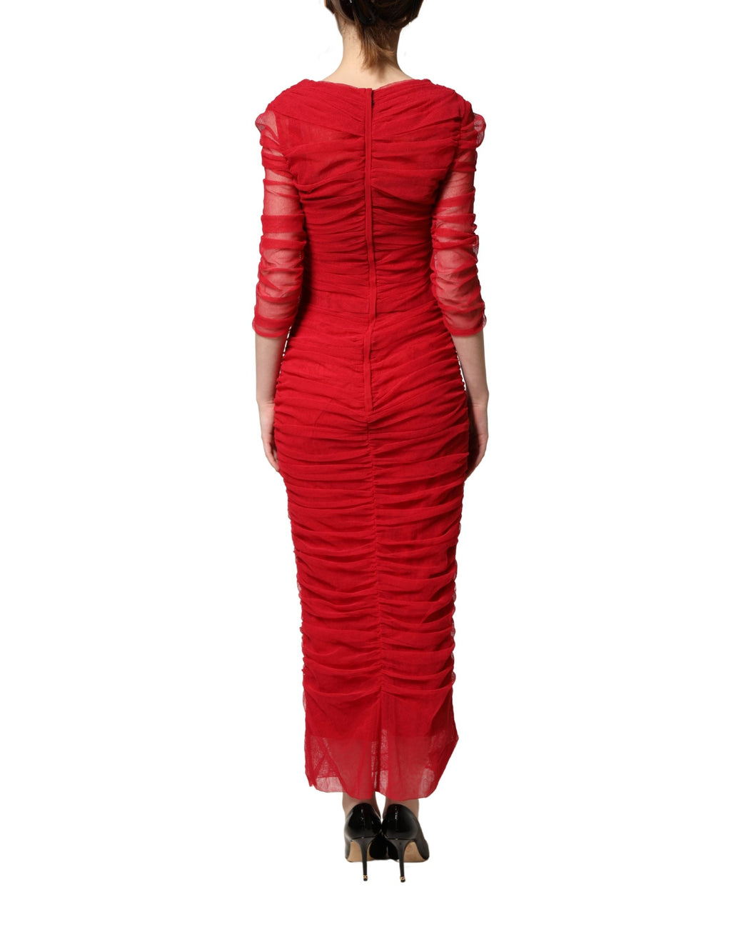 Robe midi en tulle rouge en coton stretch de Dolce & Gabbana avec détail froncé et coupe élégante.