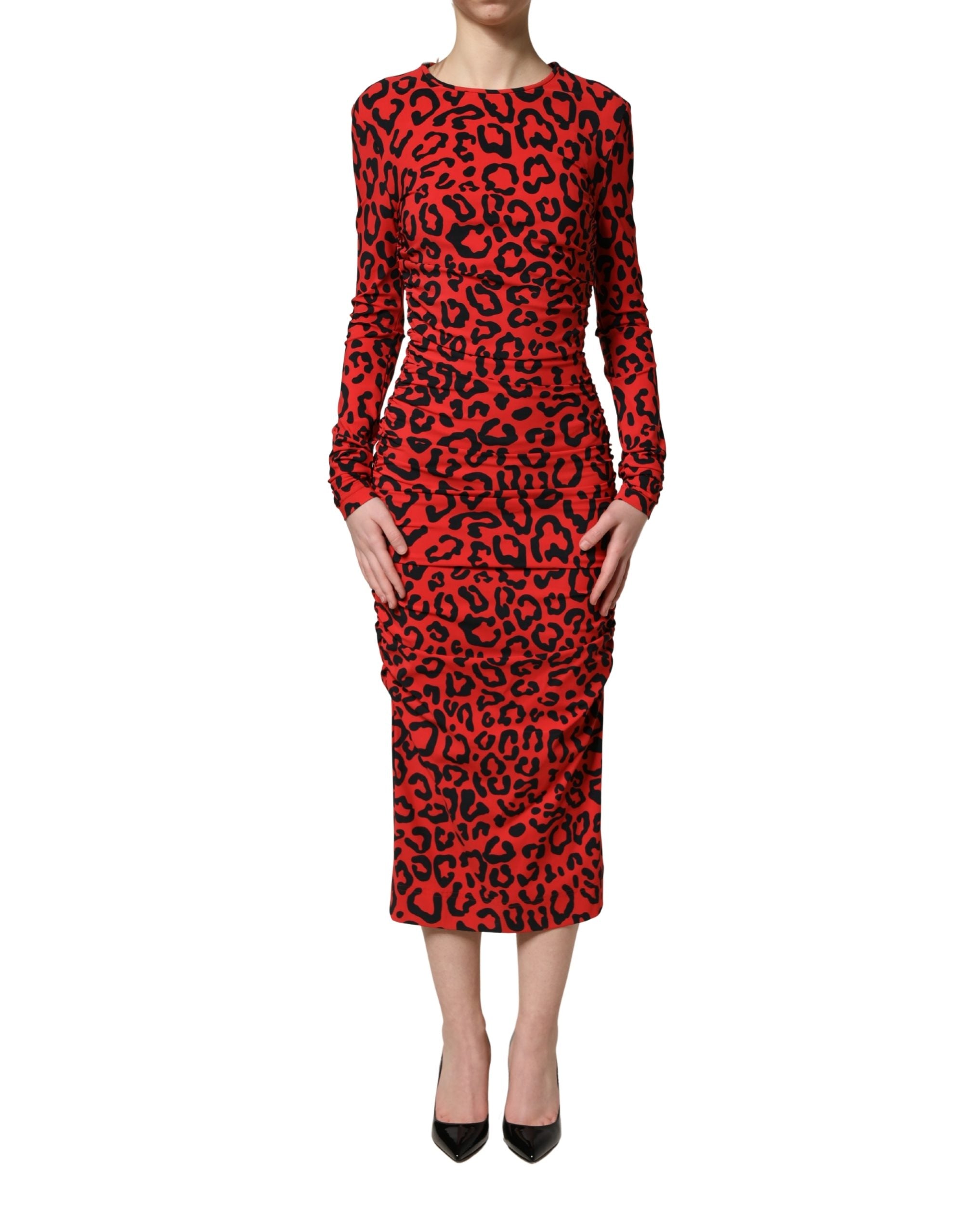 Robe midi à manches longues Dolce & Gabbana à imprimé léopard rouge, élégante et tendance.