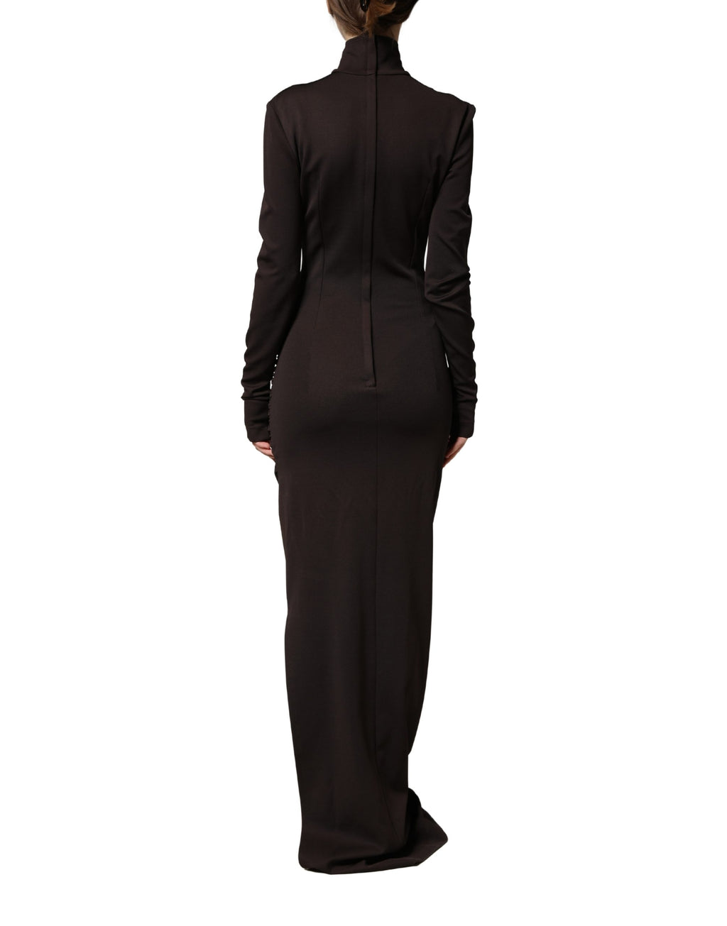 Robes longue en jersey marron Dolce & Gabbana avec col roulé, élégante et fluide, portée par un mannequin.