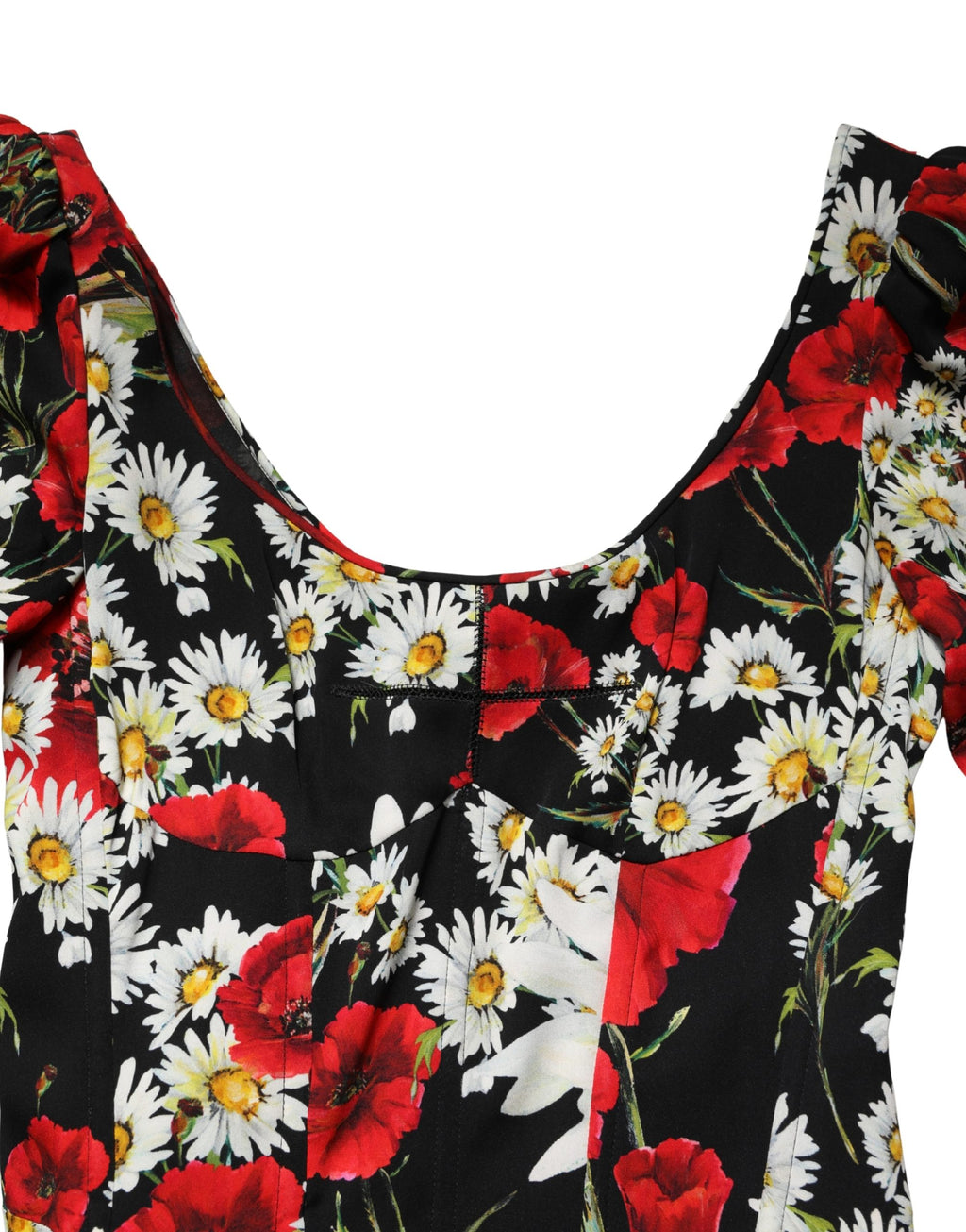 Robe longue en soie noire à fleurs Dolce & Gabbana avec manches longues et détail élégant, vue de face.