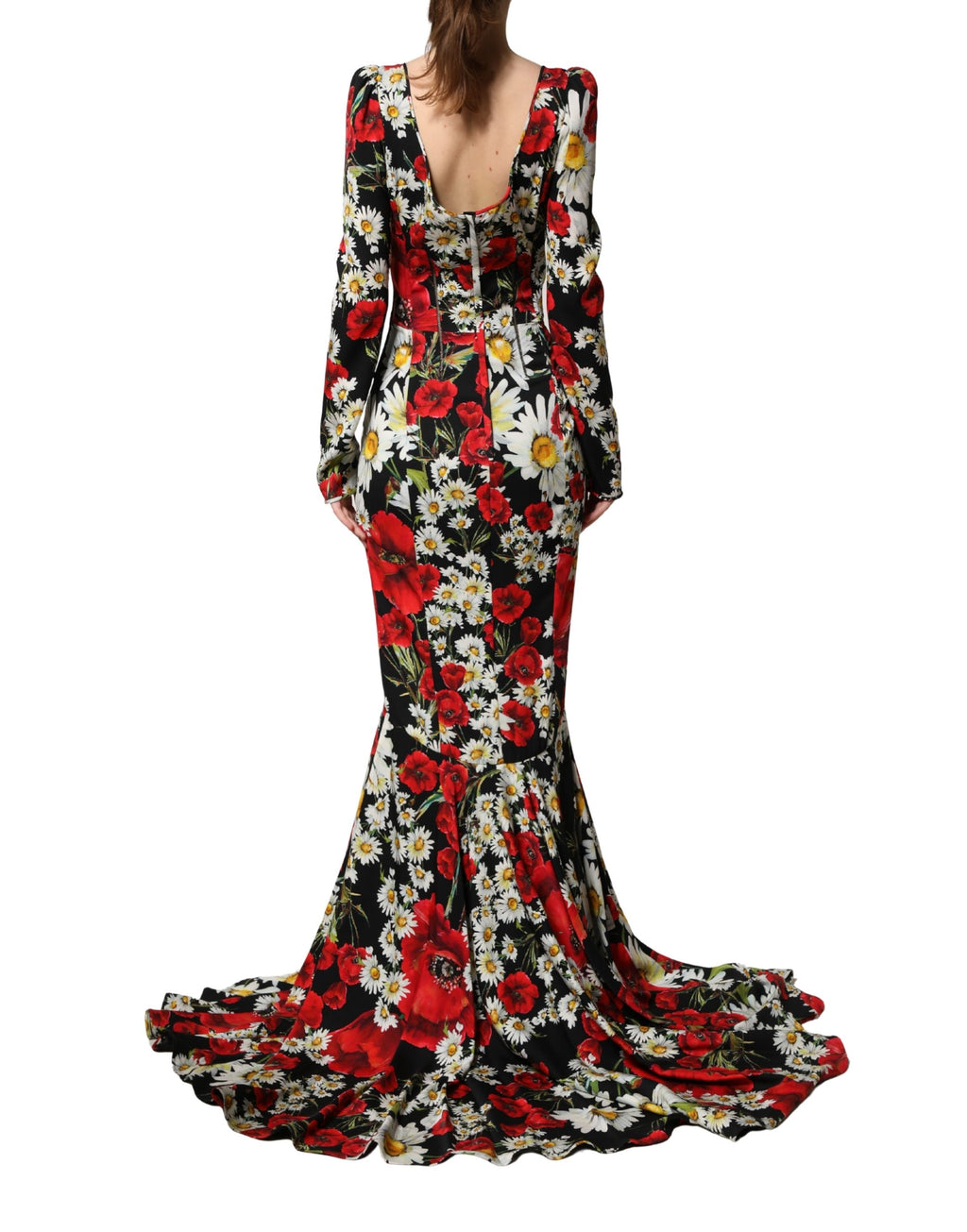 Robe longue en soie noire avec motifs floraux de Dolce & Gabbana, manches longues élégantes, tissu fluide et sophistiqué.