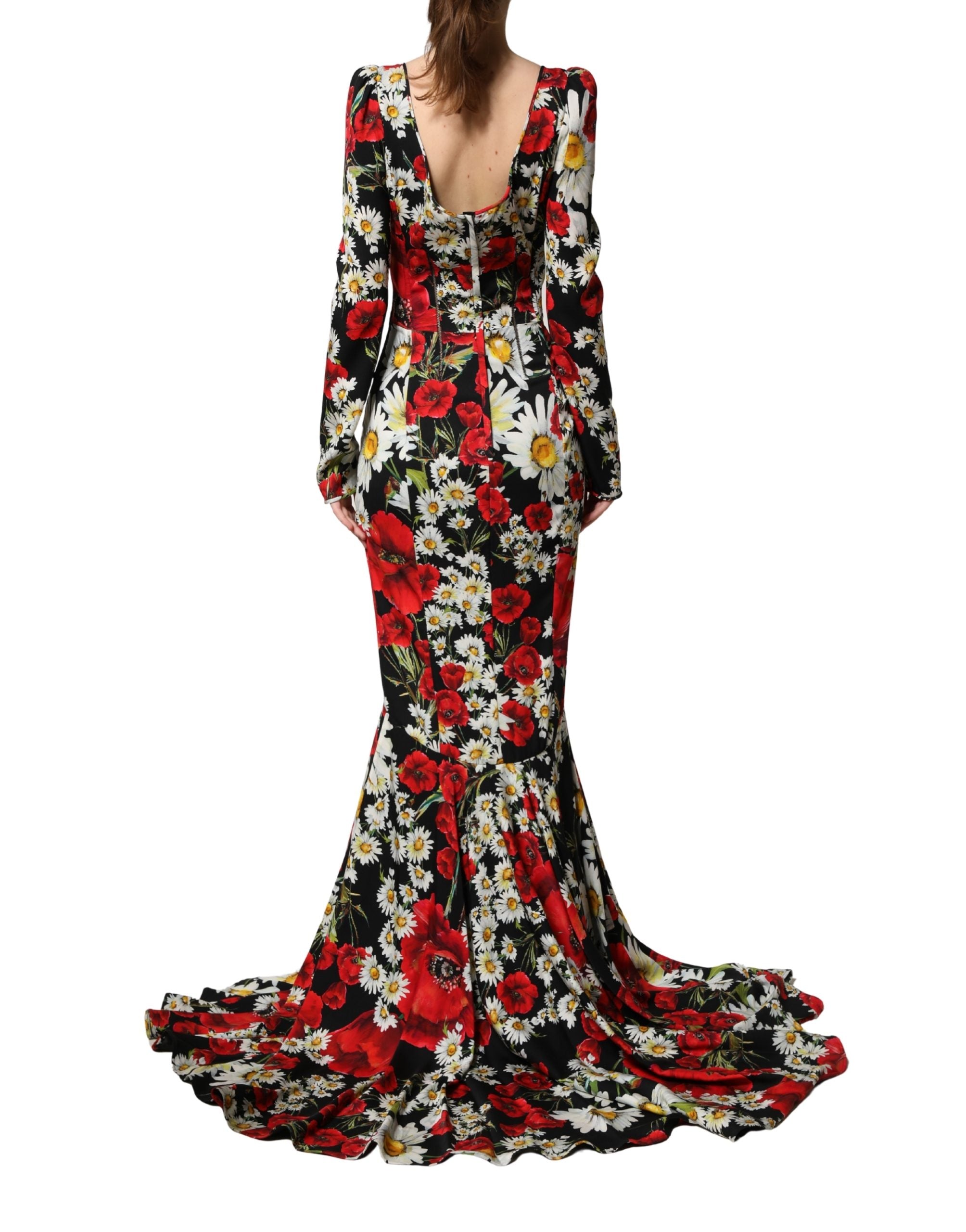 Robe longue en soie noire avec motifs floraux de Dolce & Gabbana, manches longues élégantes, tissu fluide et sophistiqué.
