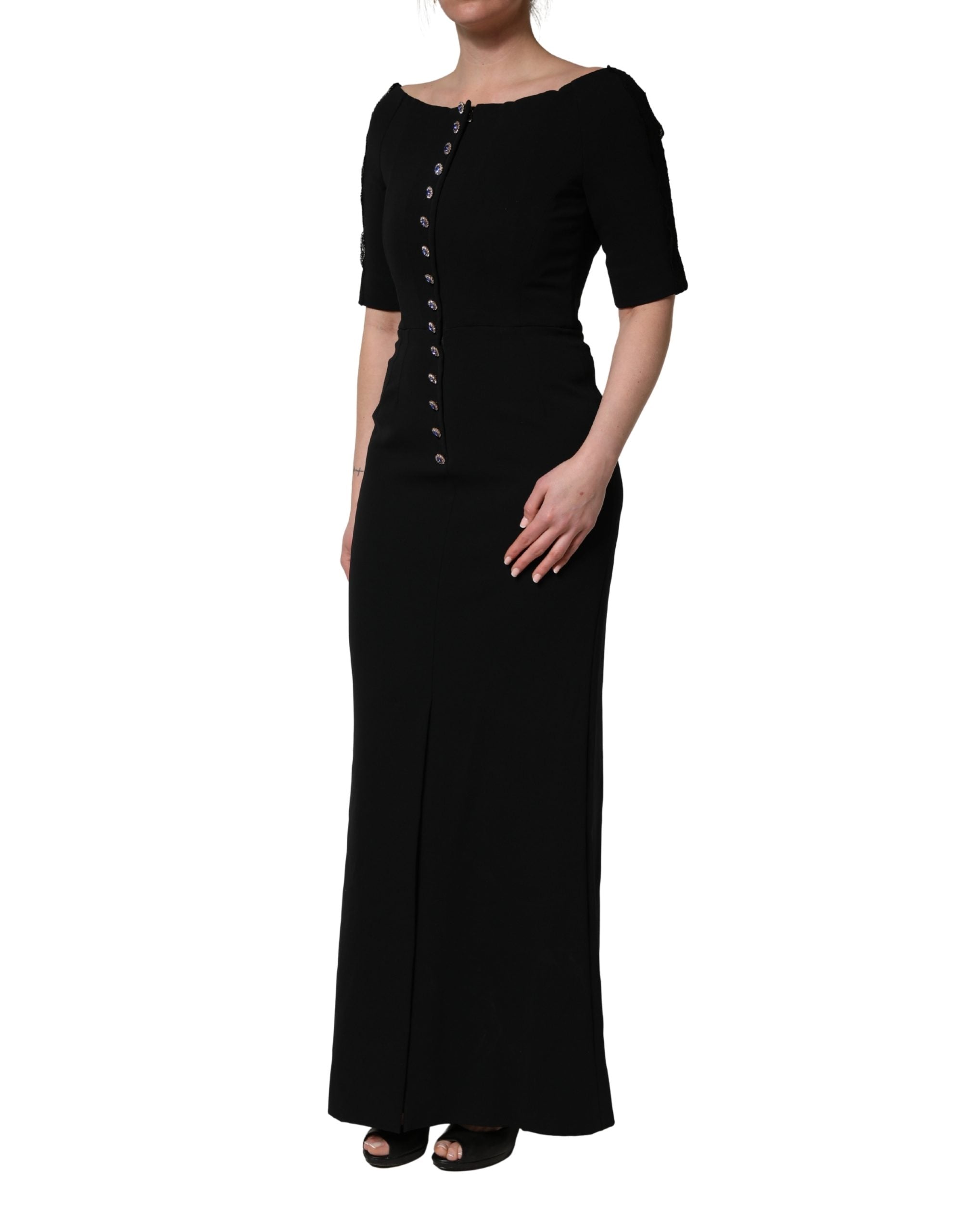 Robe longue en soie noire de Dolce & Gabbana avec bustier boutonné et coupe ajustée, élégante et sophistiquée.