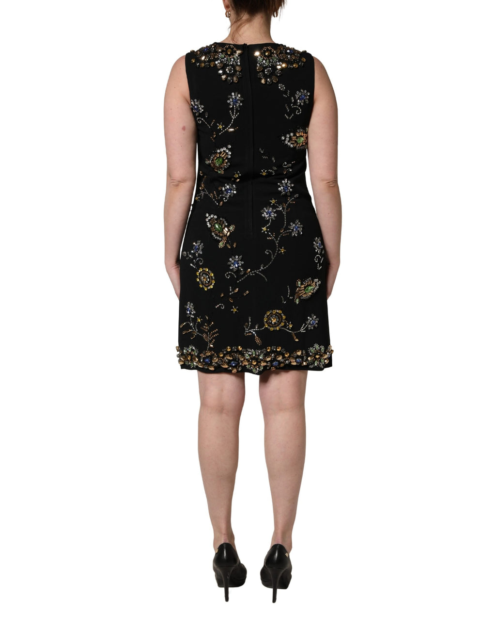 Robe sans manches Dolce & Gabbana noire avec motifs floraux et embellissements de perles, élégante et sophistiquée.