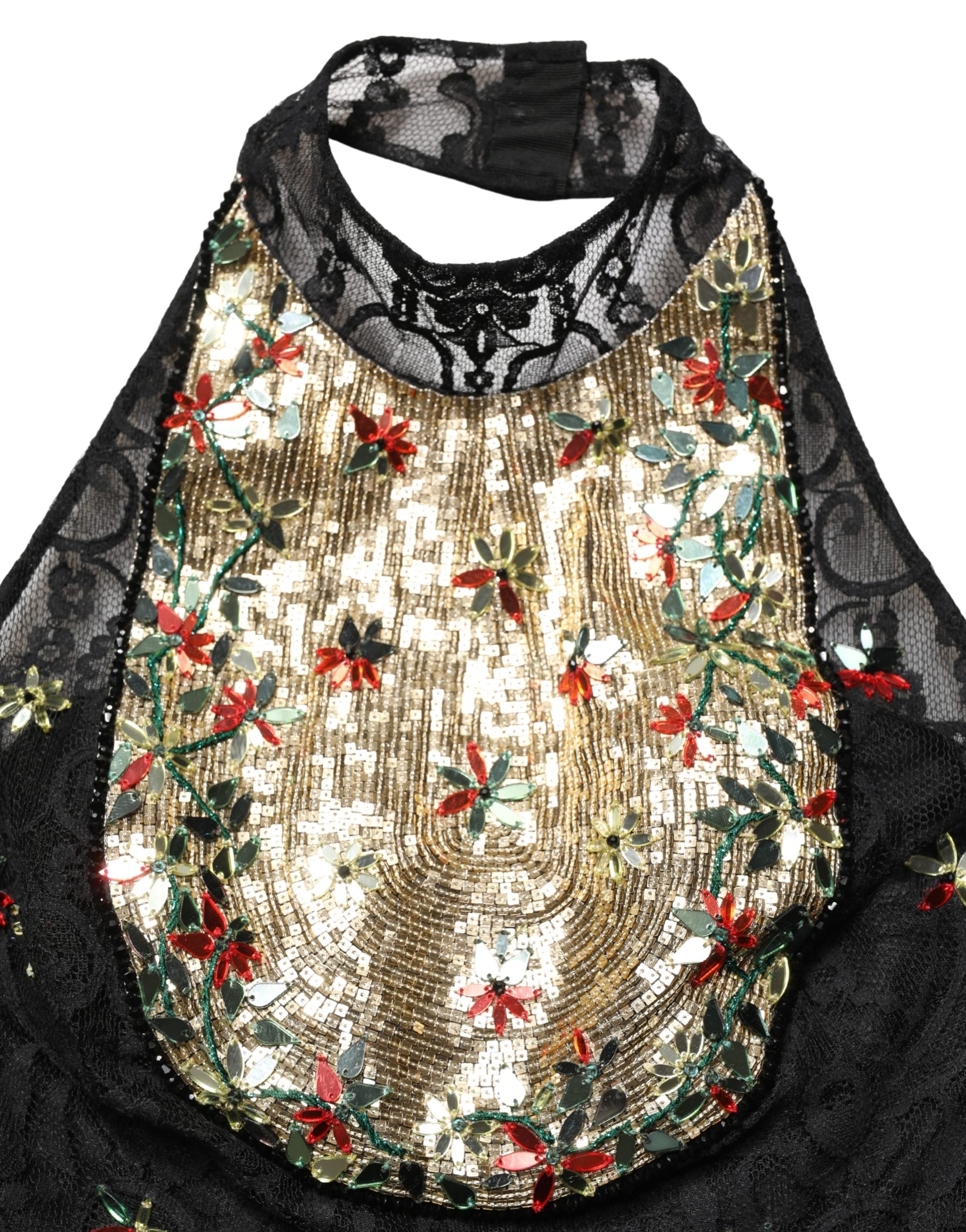 Robe courte noire Dolce & Gabbana en sequins brillants et embellissements, coupe ajustée et élégante.