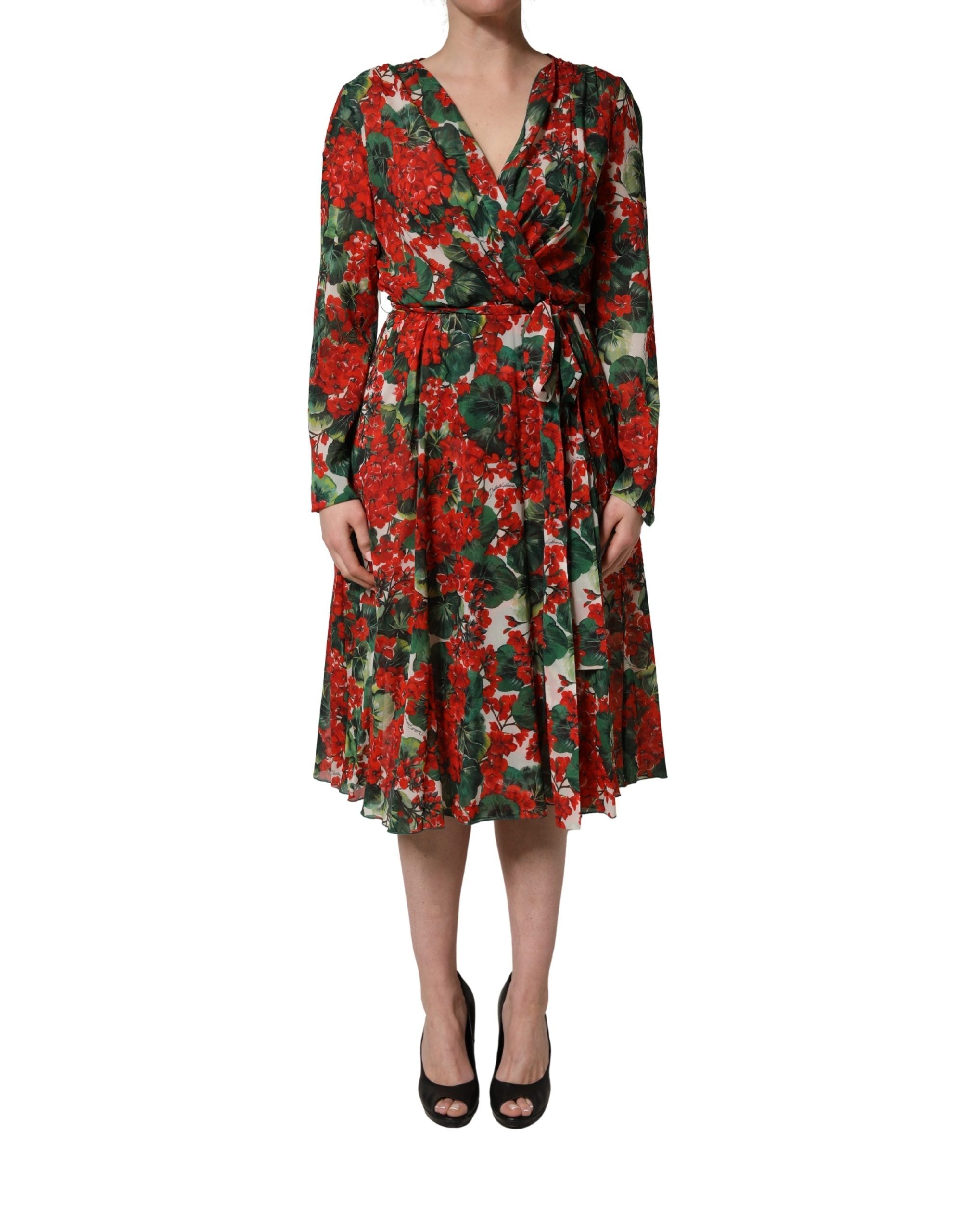 Robe longue Dolce & Gabbana à manches longues, floral multicolore avec décolleté en V, élégante et sophistiquée.