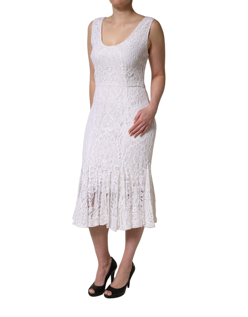 Robe midi sans manches Dolce & Gabbana en dentelle blanche à fleurs, élégante et féminine.