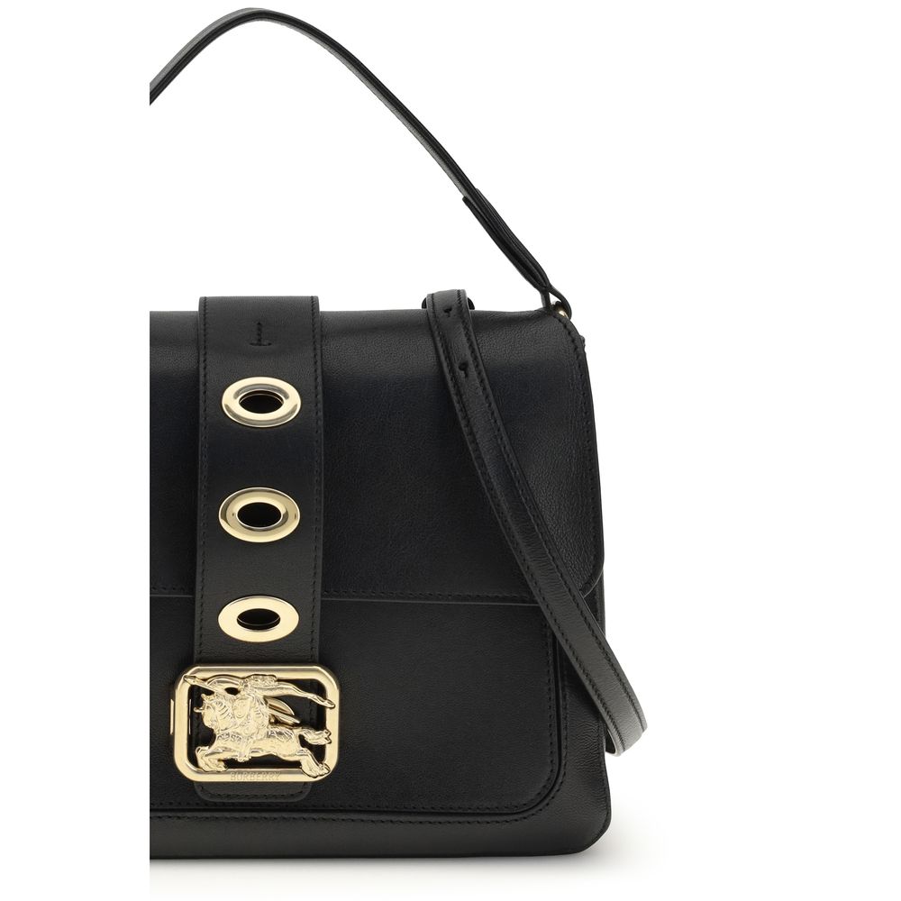 Sac à main Burberry en cuir noir Lamb Ovis Aries, avec détails élégants et logo emblématique, visible sur l'image.
