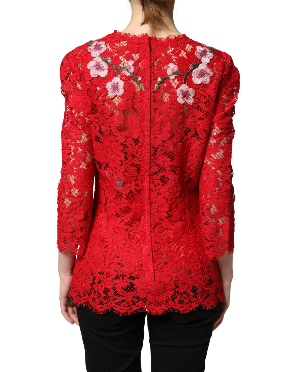 Haut à manches longues Dolce & Gabbana en dentelle rouge avec broderie florale élégante.