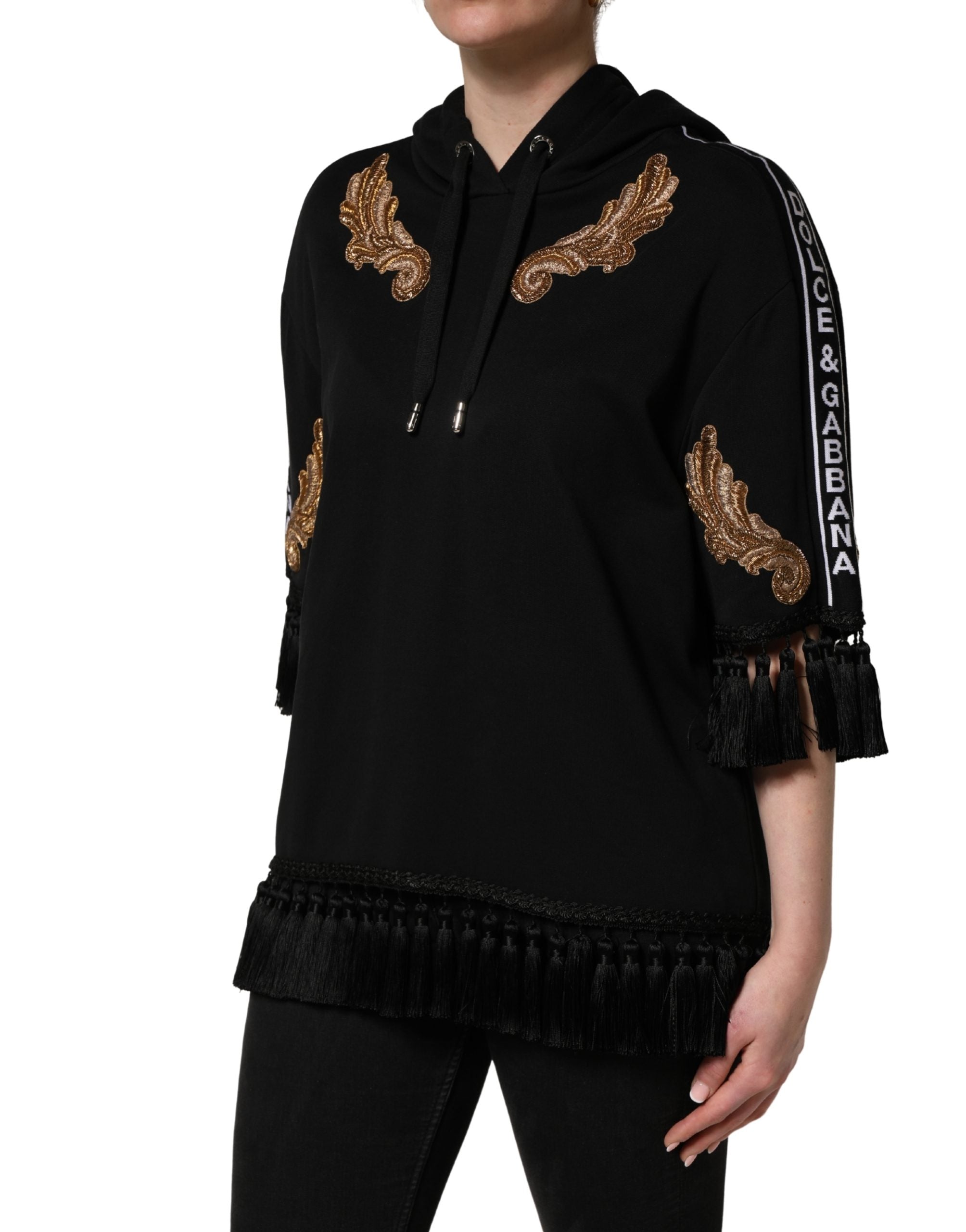 Sweat à capuche noir Dolce & Gabbana avec broderies et pompons, pull décontracté en tissu doux.