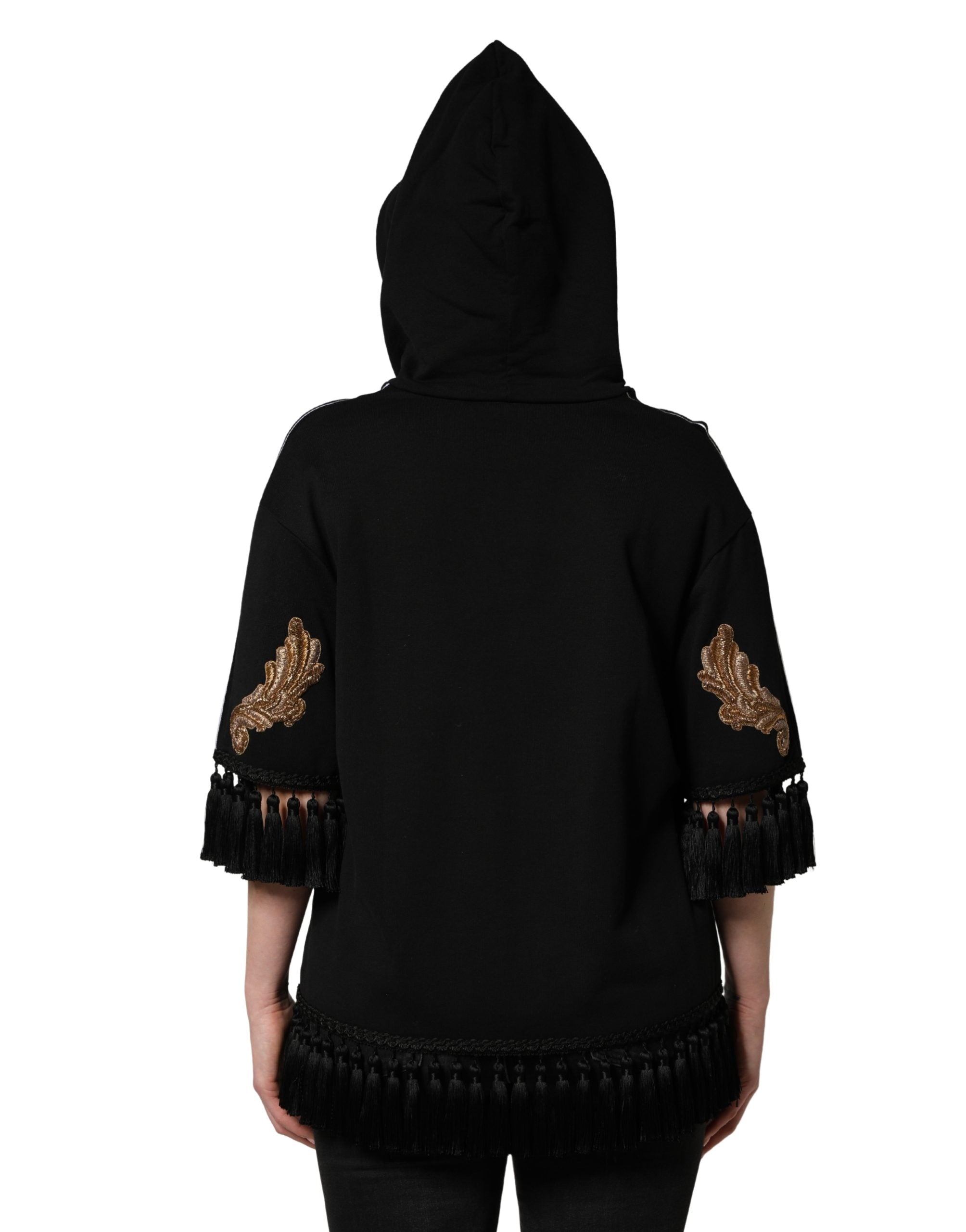 Sweat à capuche Dolce & Gabbana noir avec broderies, pompons et détails en tissu, style décontracté et élégant.
