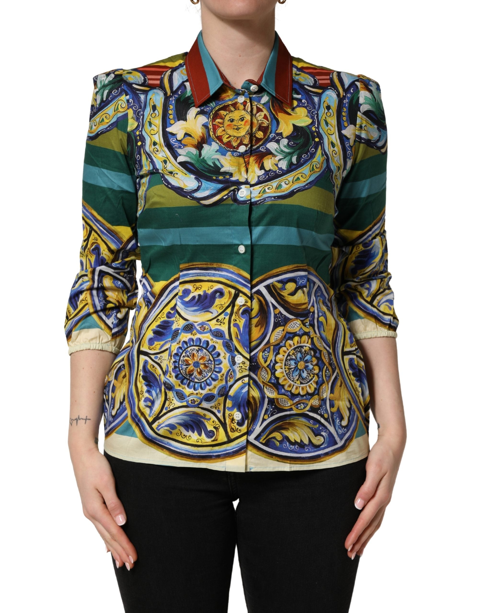 Chemisier en coton Dolce & Gabbana à motif multicolore majolique, style élégant et coloré.
