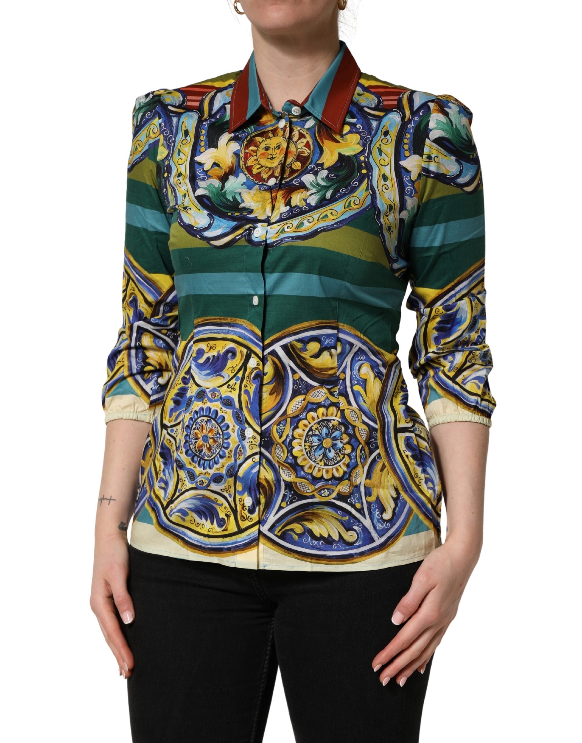 Chemisier en coton Dolce & Gabbana à imprimé majolique multicolore, style élégant et coloré.
