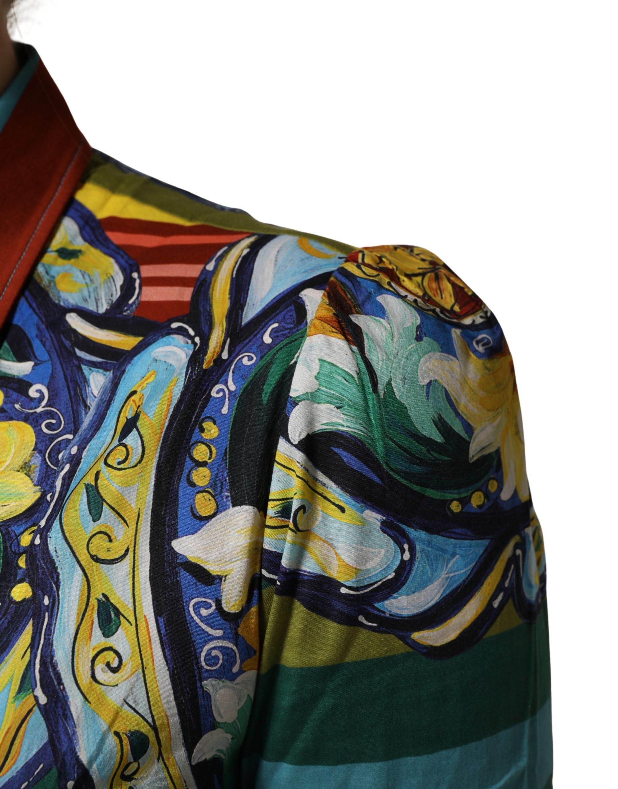 Chemisier en coton à motifs multicolores Majolica de Dolce & Gabbana, design élégant et coloré.