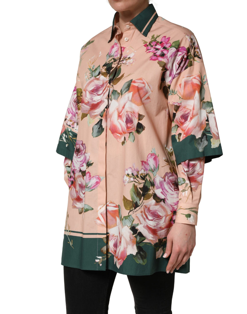 Chemise Dolce & Gabbana en coton rose à fleurs avec boutons à l'avant, vêtement élégant et floral pour femme.