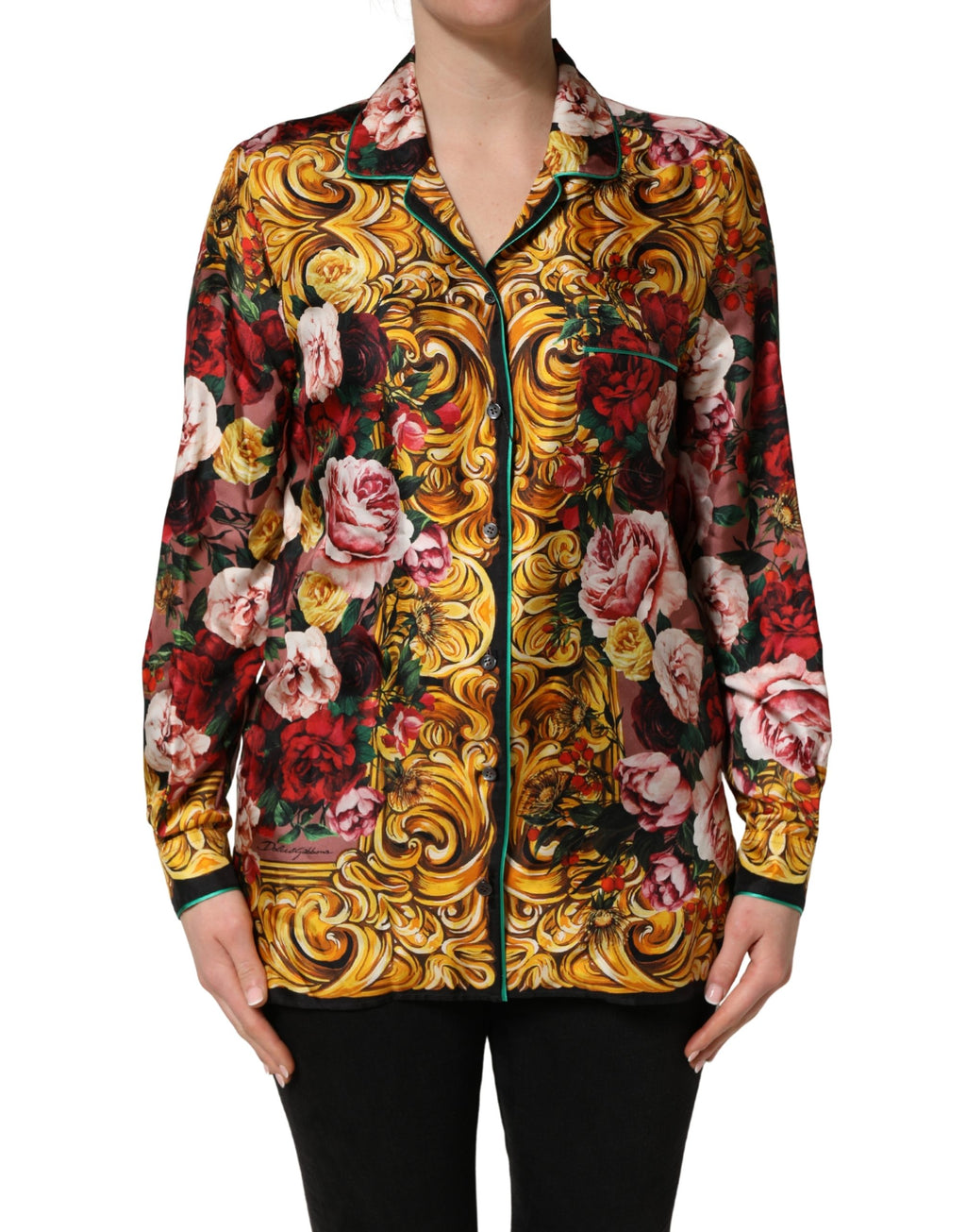 Chemise à manches longues Dolce & Gabbana avec motifs floraux multicolores et boutons, vue de face.