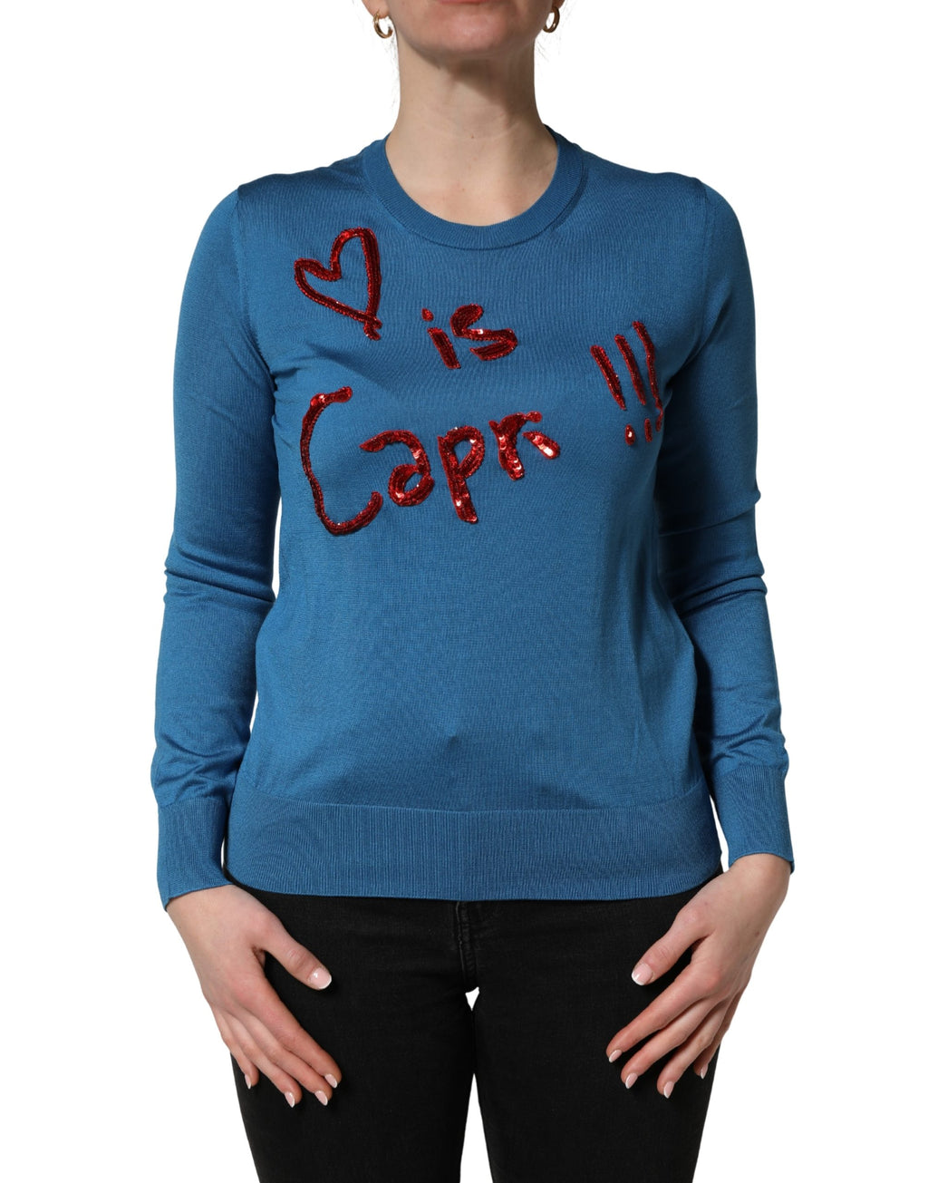Pull en soie bleue Dolce & Gabbana avec sequins, col rond, pull-over élégant et confortable pour femmes.